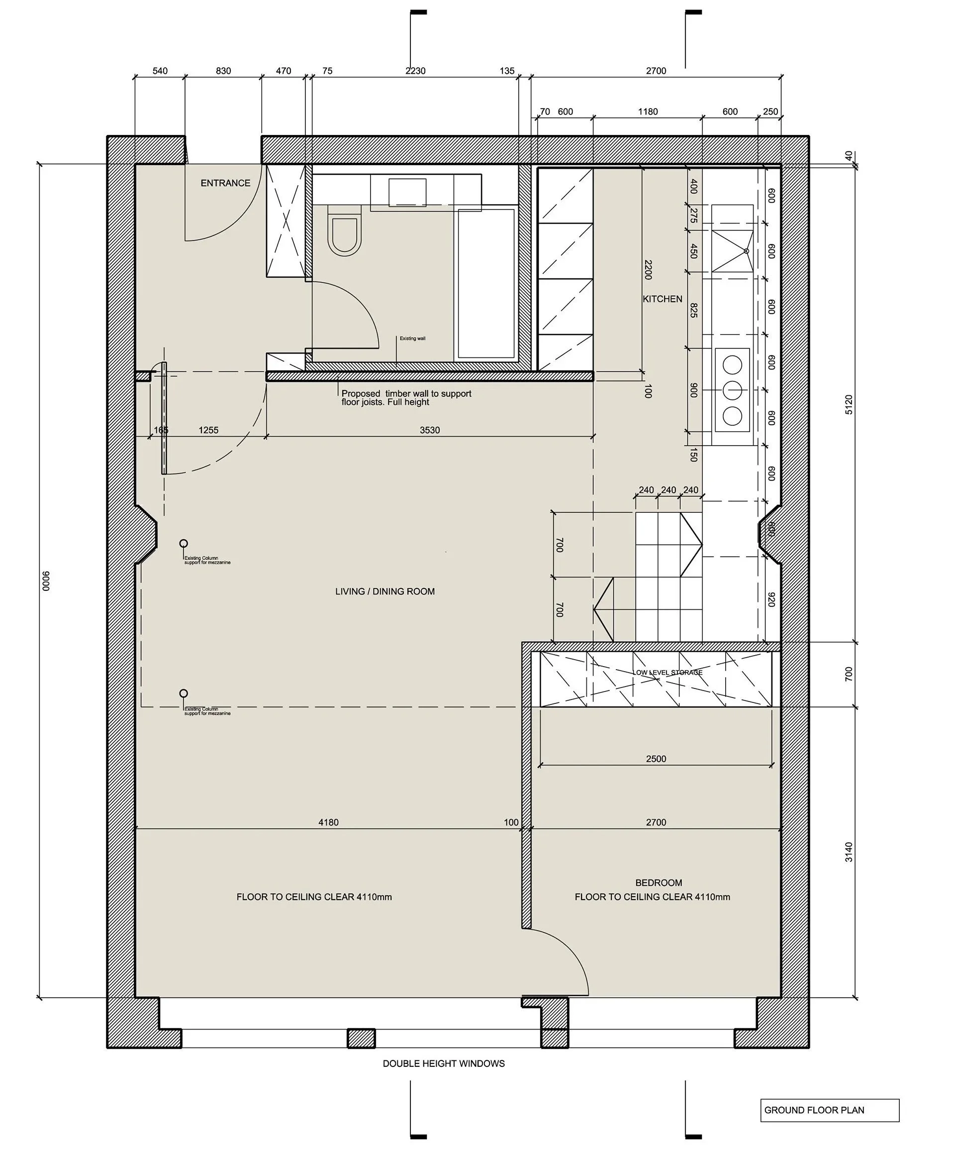 Architectural floor plan of a ground floor layout showing an entrance, bathroom, kitchen, living/dining room, bedroom, and storage areas with measurements.