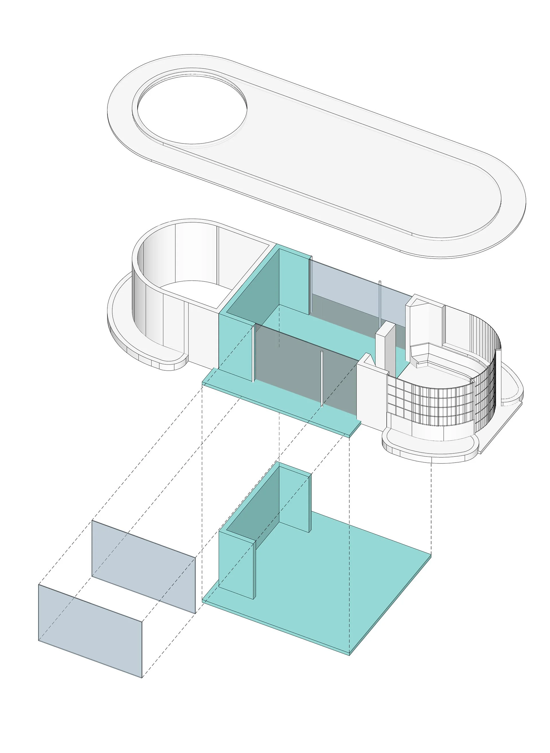 A digital architectural drawing of a modern building in an exploded view, showing the interior layout, structural elements, and design features, including curved walls and large glass panels.