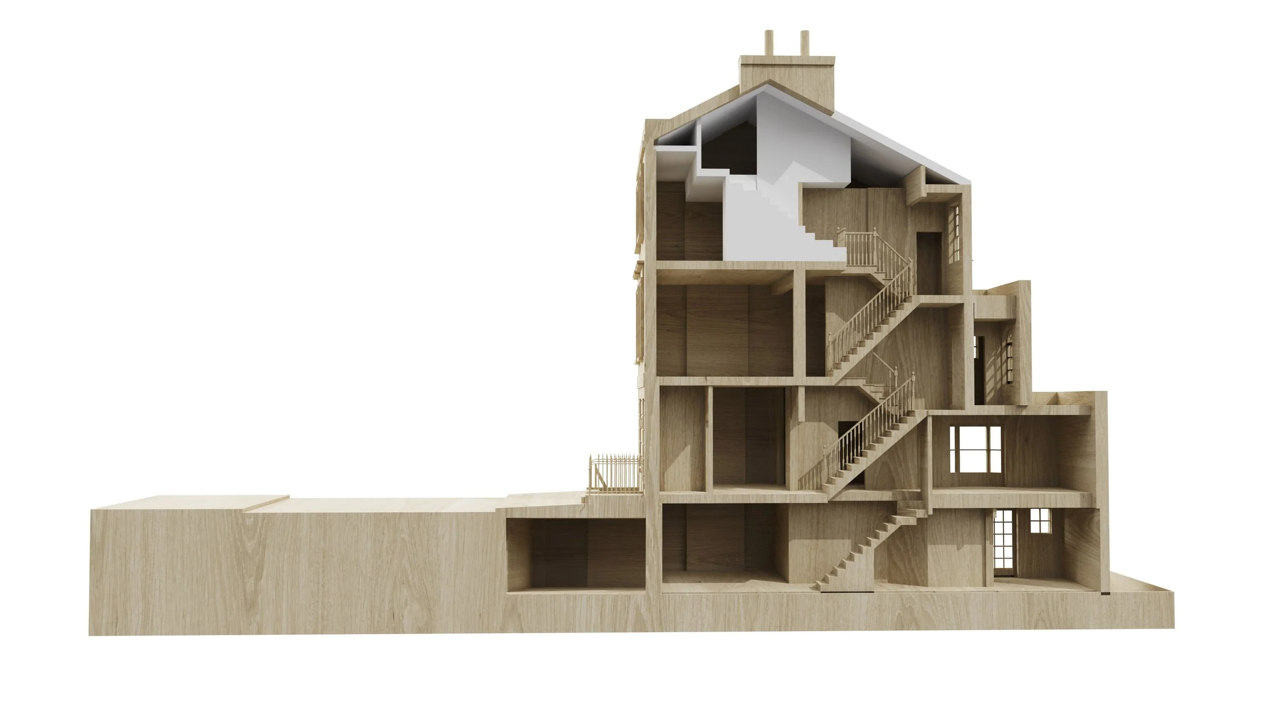 Cross-section of a multilevel wooden house showing interior rooms, staircase, roof, and chimney.