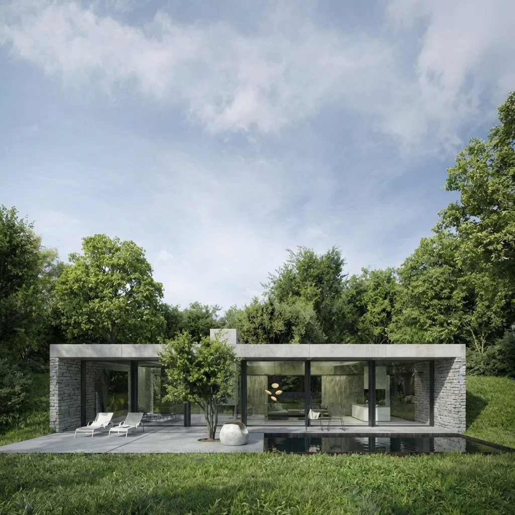 Modern house with large glass windows, surrounded by green trees and grass, with a pool and outdoor lounge chairs.