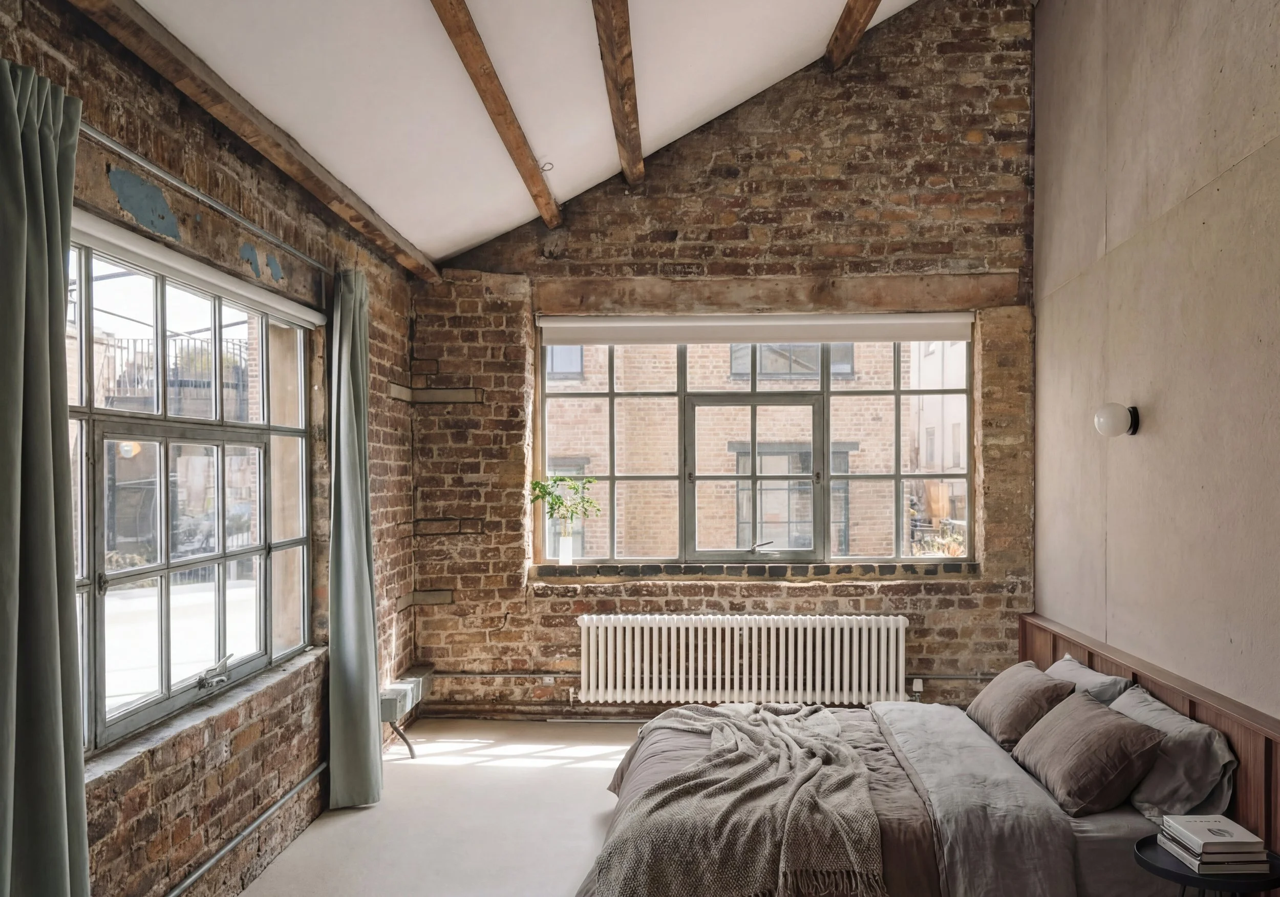 A bedroom with exposed brick walls and large industrial-style windows, a bed with beige sheets and pillows, a small bedside table with books, a radiator beneath the window, and greenery on the windowsill.