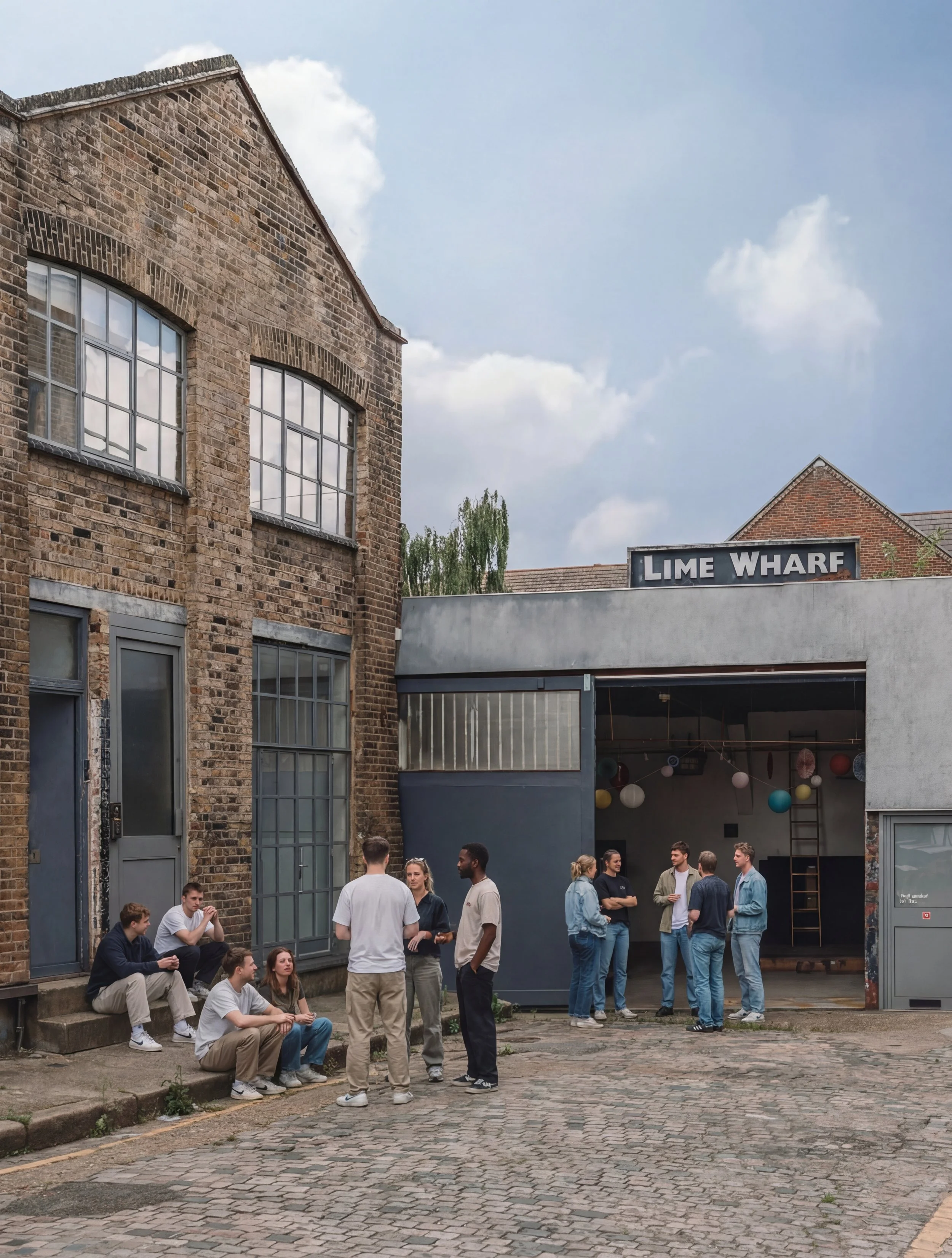 Group of young adults socializing outside a brick building with a sign that reads 'Lime Wharf' and a small stage with balloons in the background.
