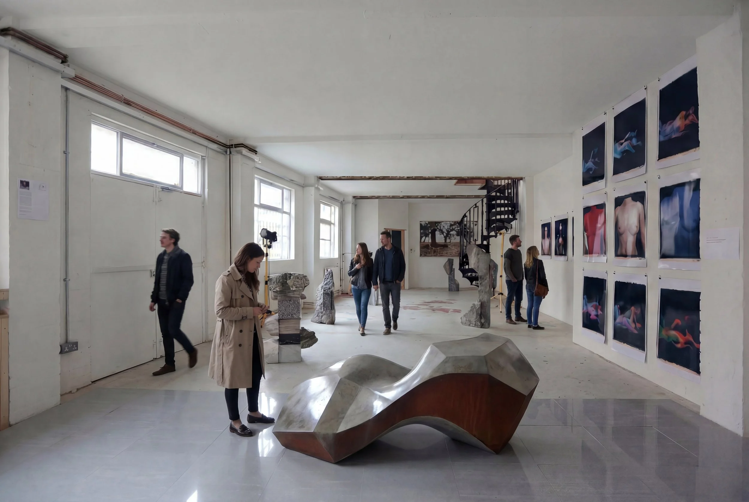 Art gallery interior with sculptures, photographs on the wall, and visitors observing artworks.