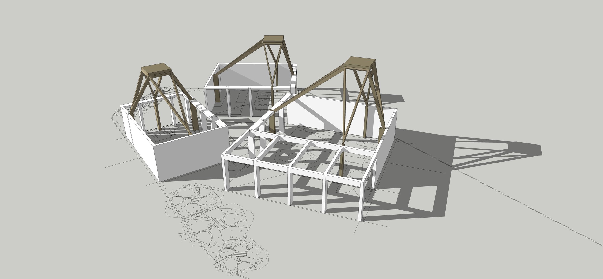 3D model of a building under construction with white framing and brown truss roofs, with shadows cast on a light gray ground and a garden sketch nearby.