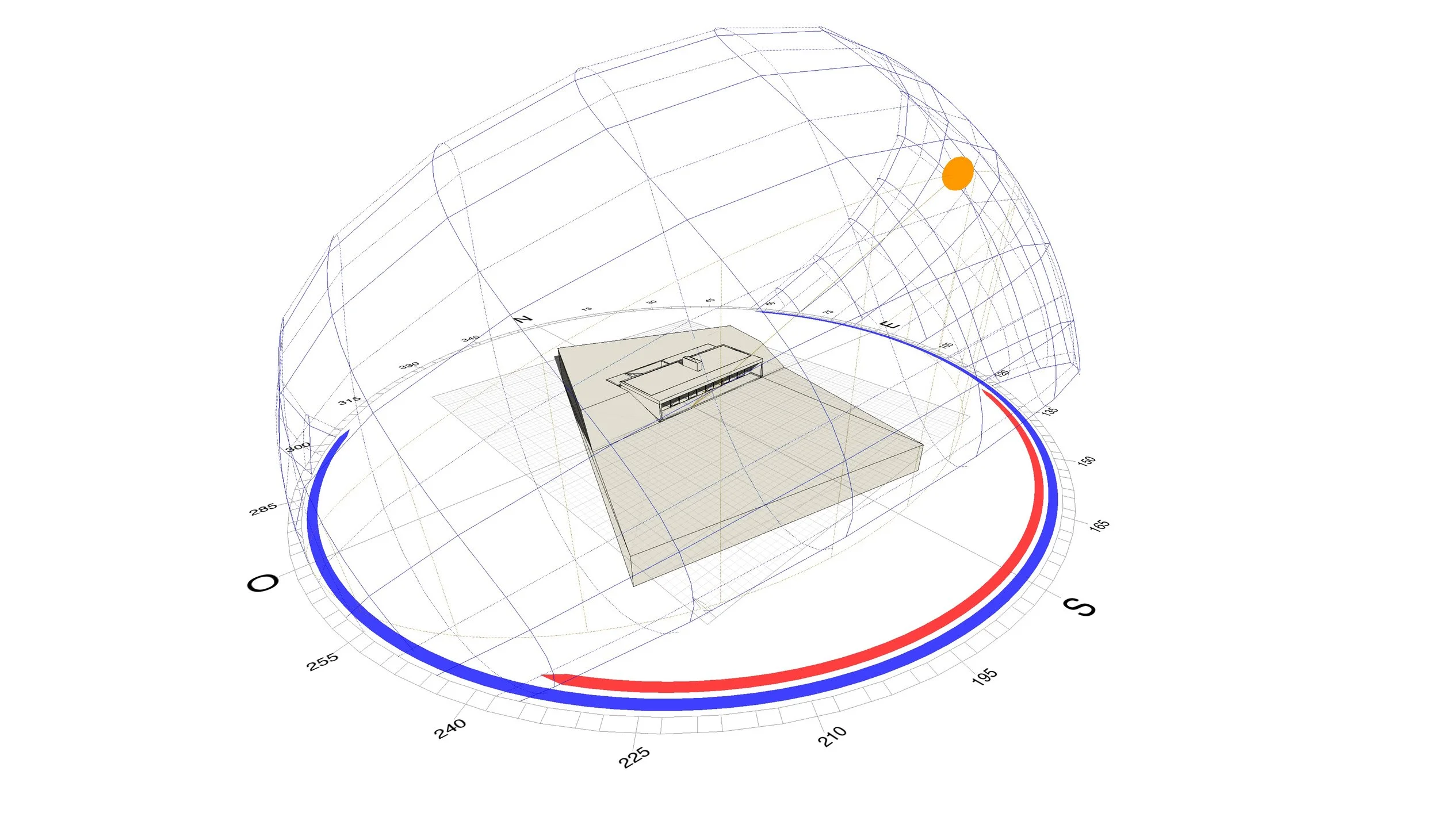 Architectural 3D rendering with a building model inside a spherical grid, showing directional and angular measurements in a technical drawing style.