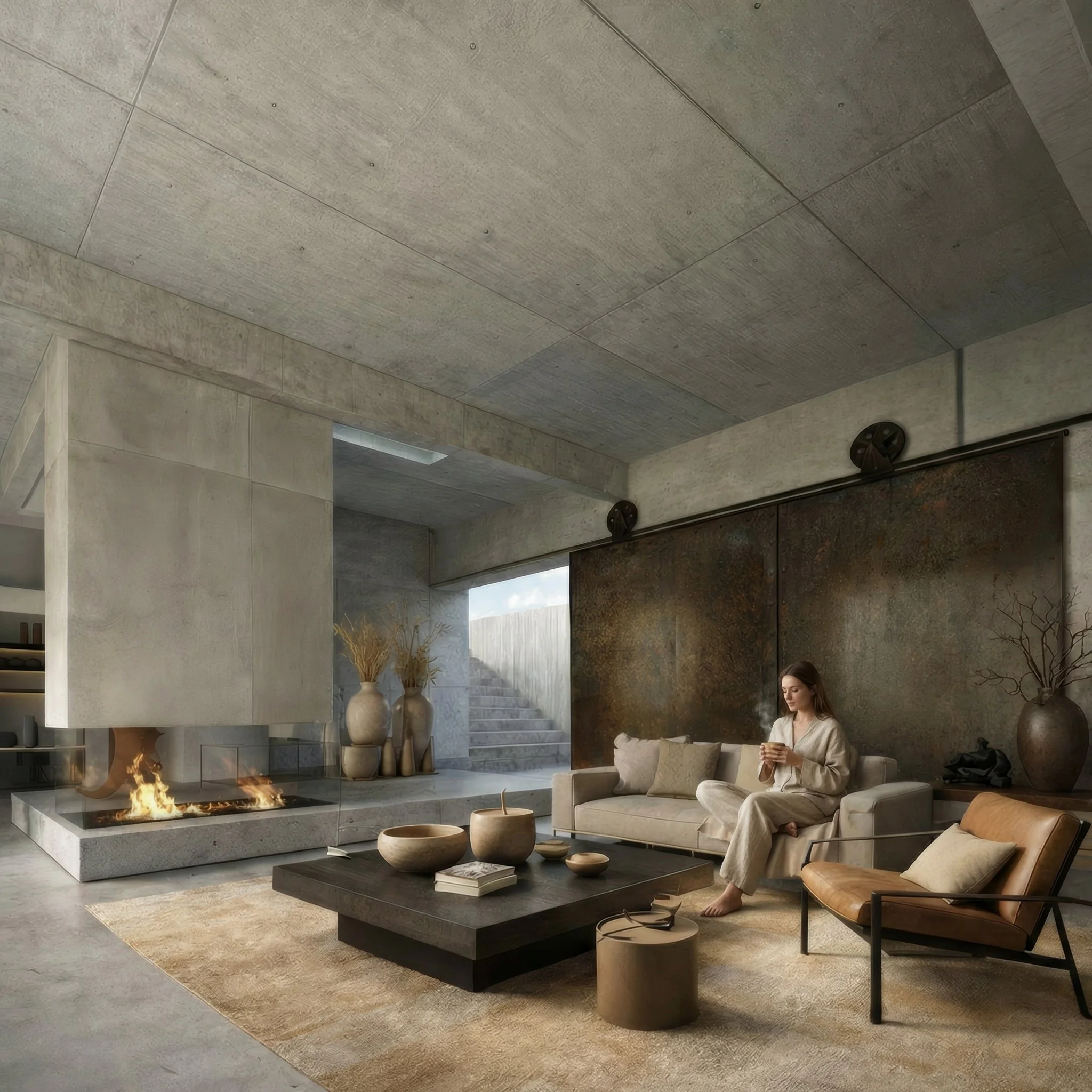 Woman sitting on a sofa in a modern living room with a fireplace, decorative vases, and minimalist furniture.