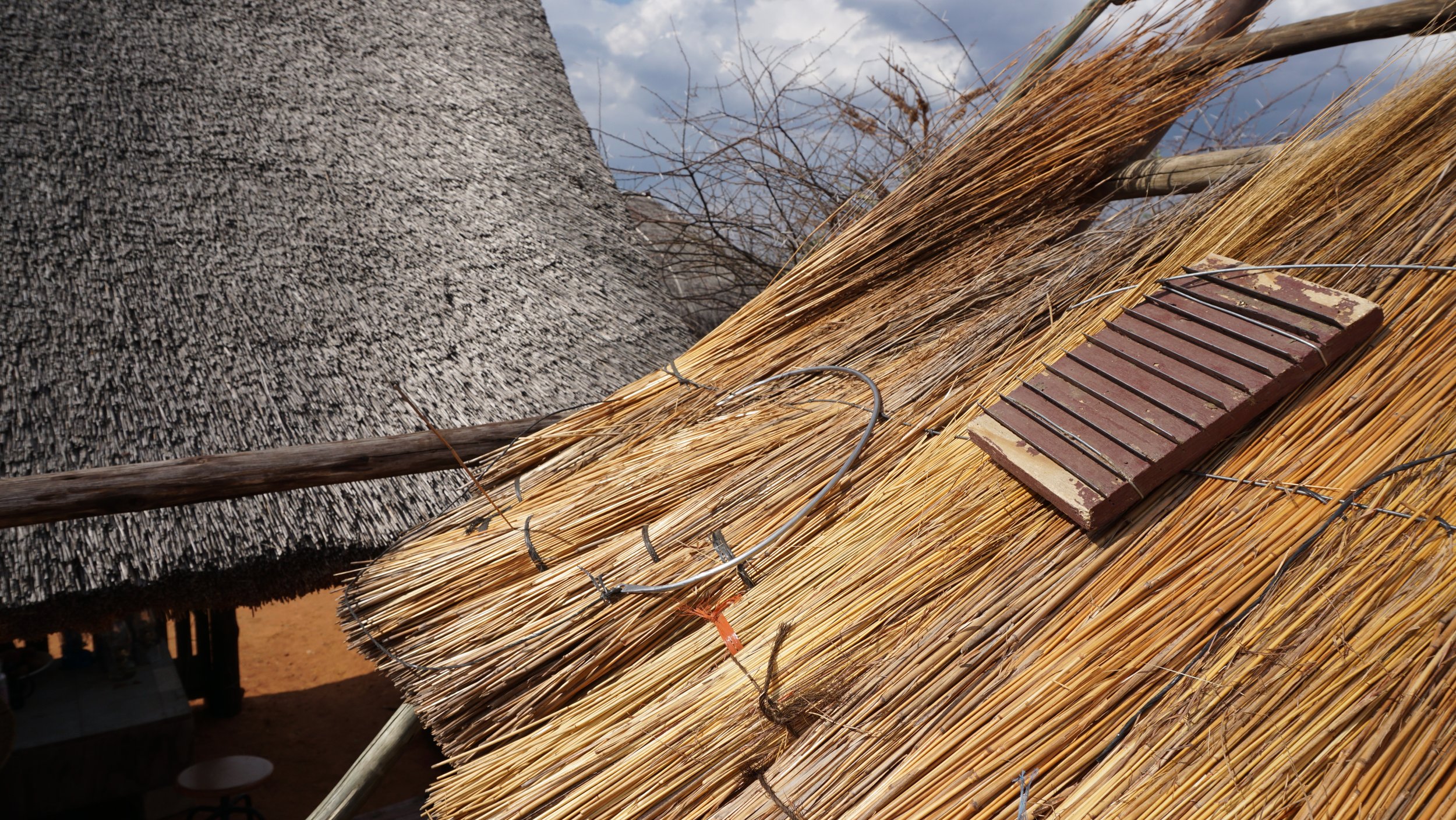 Close-up view of a thatched roof made from dried grass or reeds. The roof shows some parts tied with wire, and there is a brick placed on top. The background includes a cloudy sky and part of a large tree trunk.