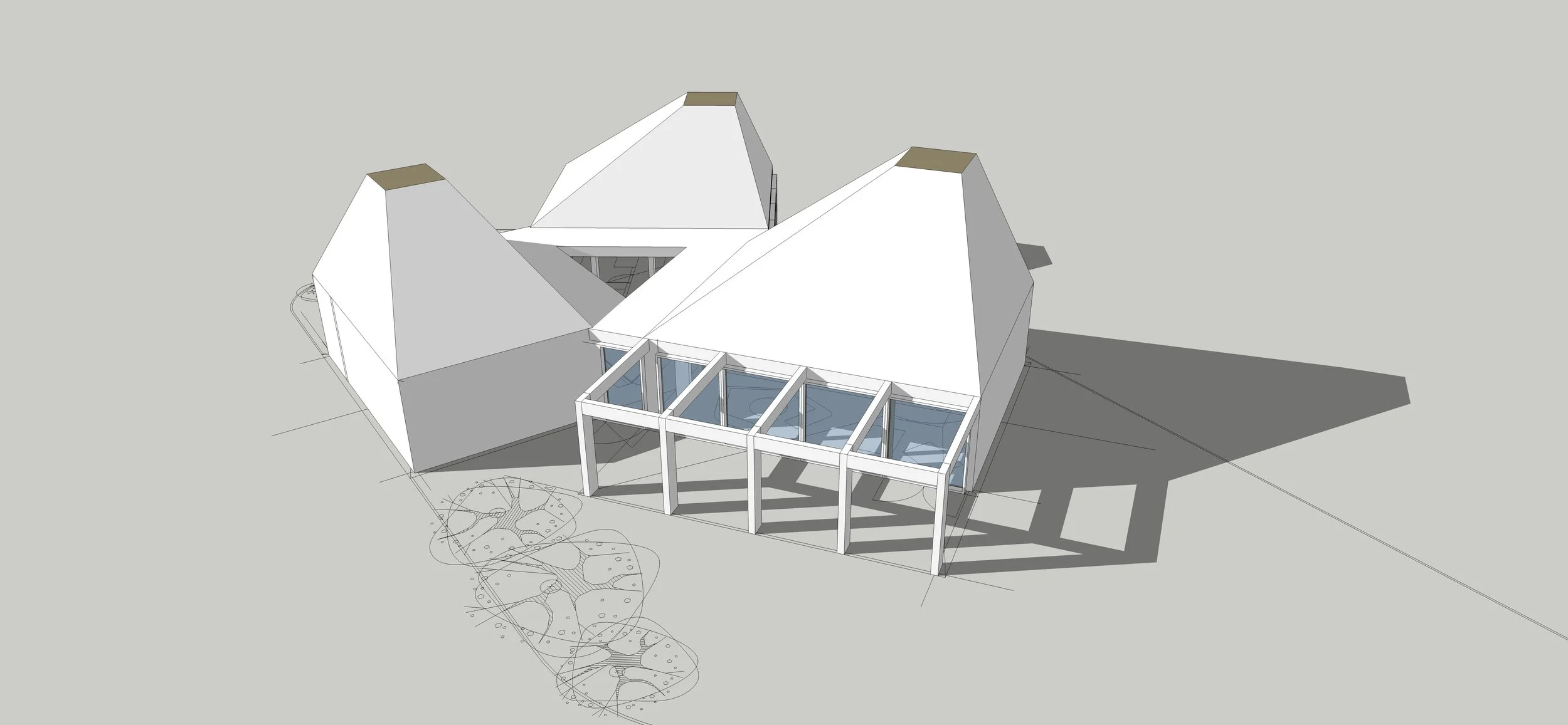 3D rendering of a modern house with a pitched roof and large glass windows, featuring an outdoor patio with a pergola and a landscaped area with trees.