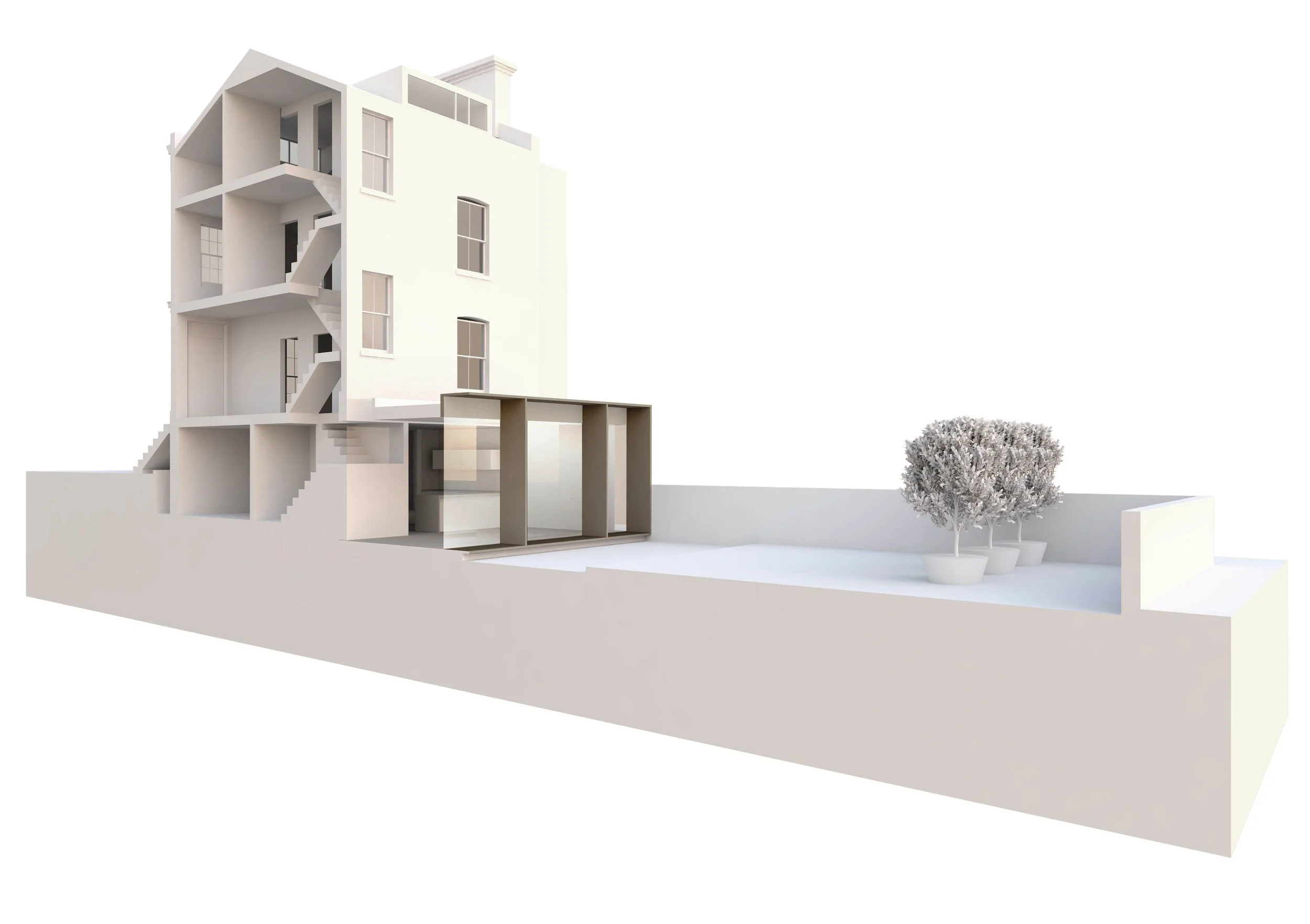 A digital architectural rendering of a modern multi-story house with a white exterior, stairs, windows, and a landscaped outdoor area with potted trees.