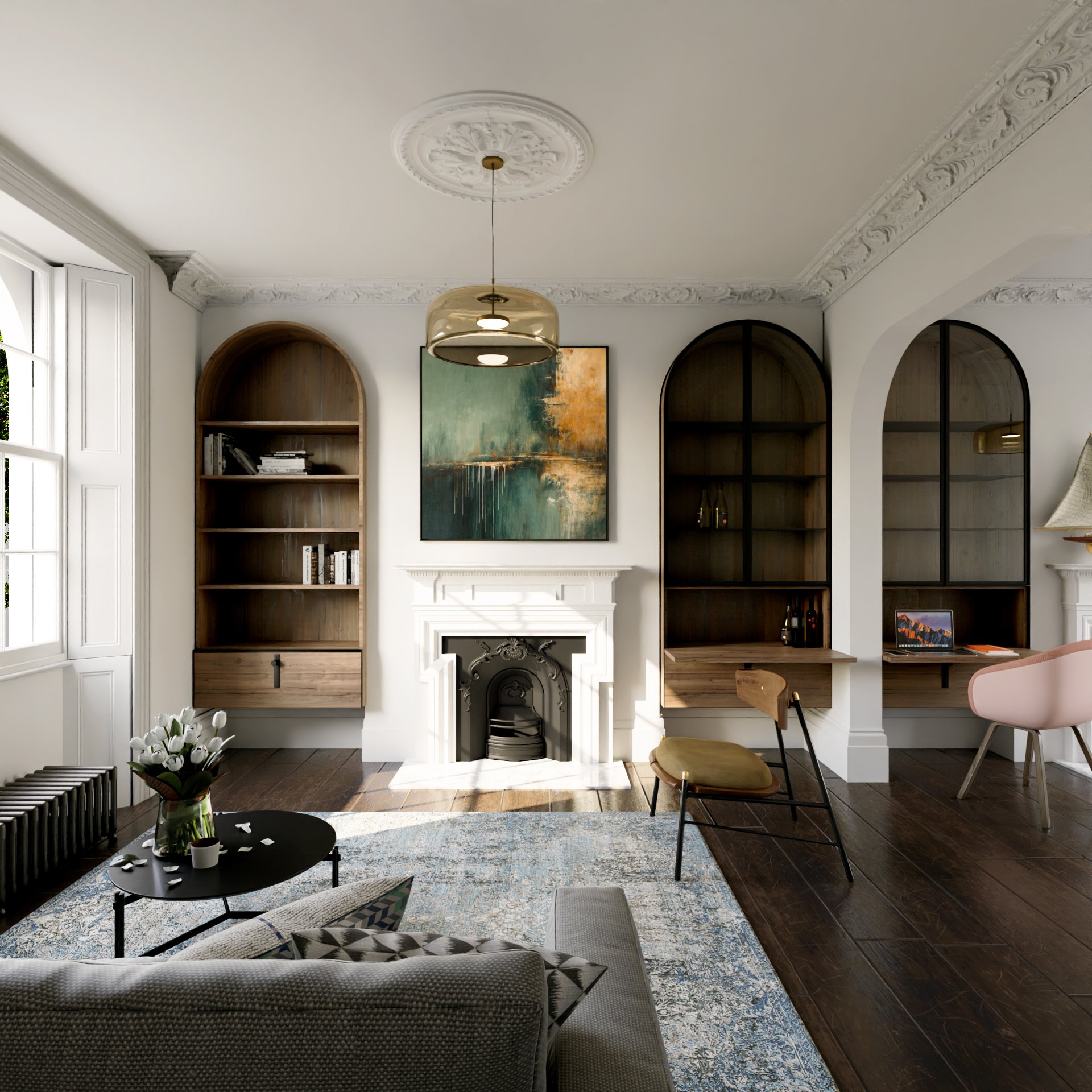 Living room with white walls, a fireplace, built-in bookshelves, a chandelier, and a window, decorated with a rug, furniture, and artwork.