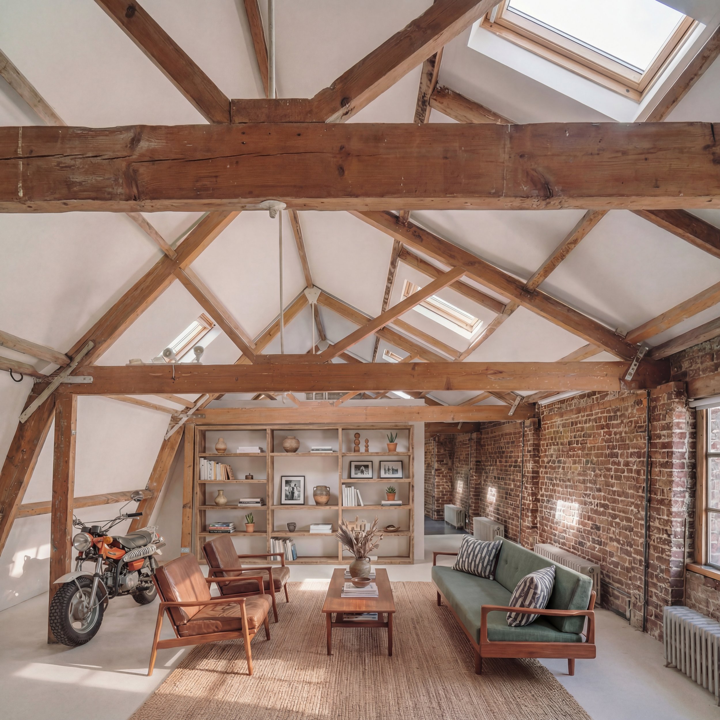 Living room with exposed brick walls, wooden beams on the ceiling, a bookshelf filled with books and decor, a motorcycle in the corner, and a seating area with a green sofa, brown chairs, coffee table, and striped pillows, illuminated by natural light from skylights.