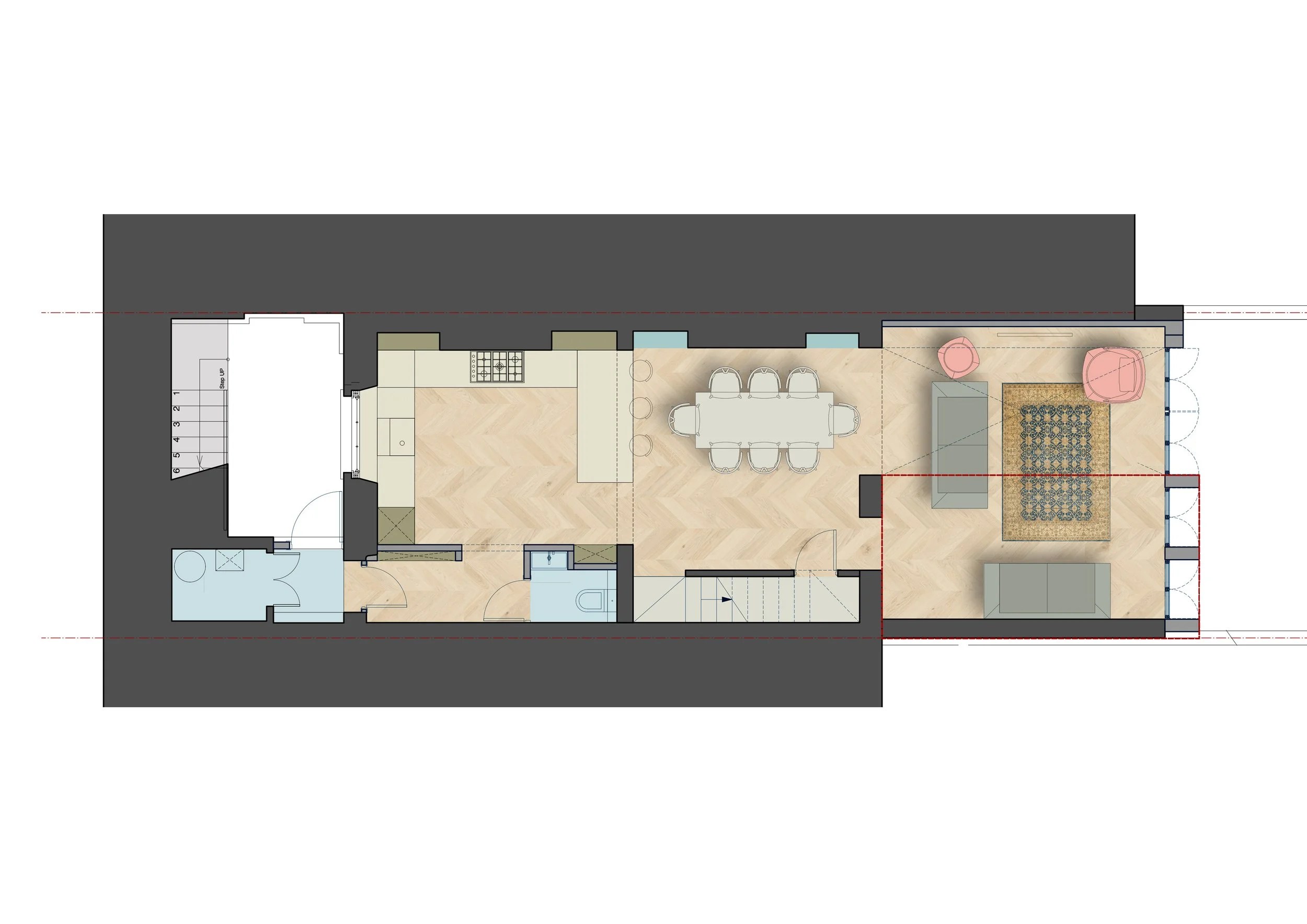 Floor plan of a home with a kitchen, dining area, living room, and two bathrooms.