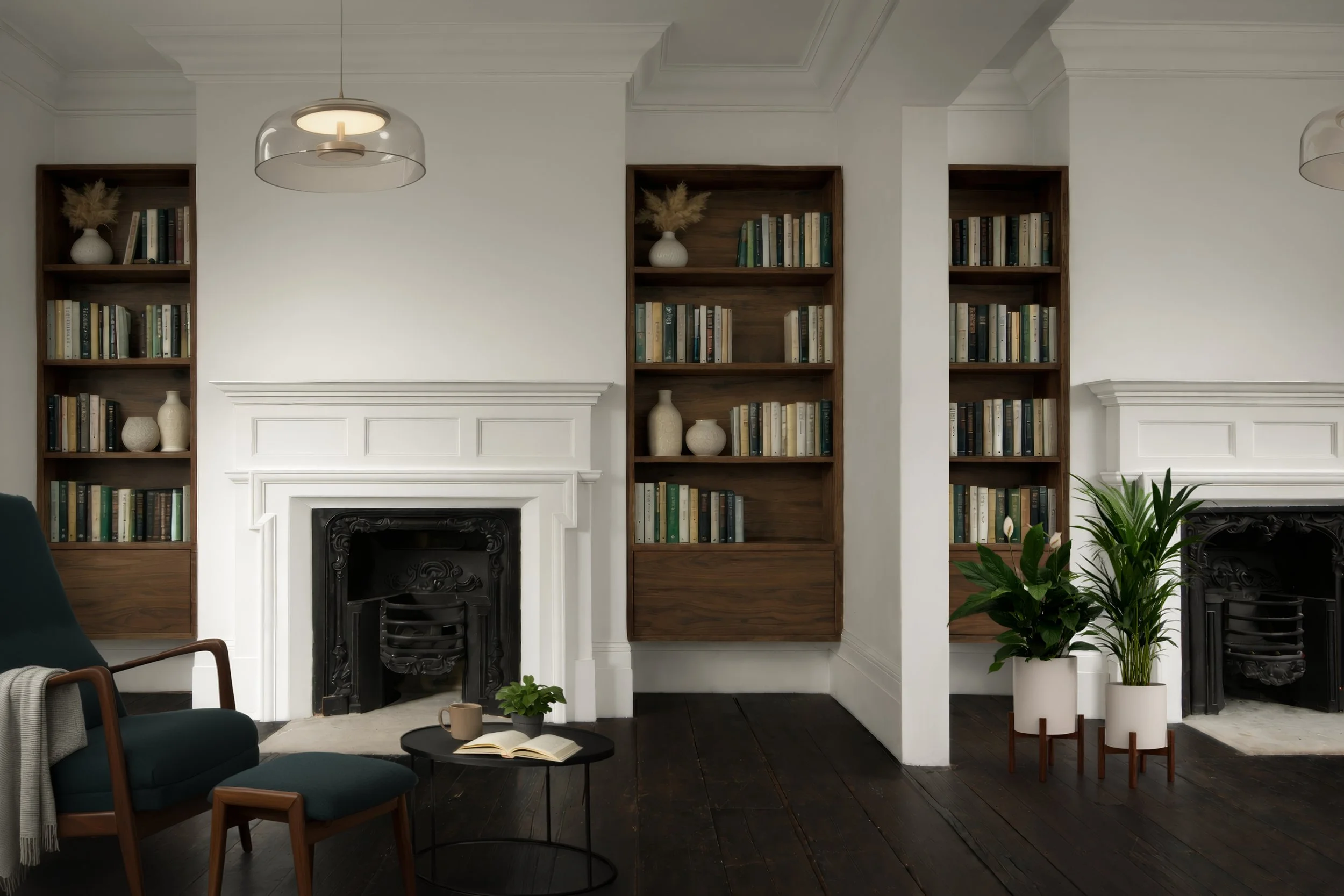 A cozy living room with two white fireplaces, dark wood bookshelves filled with books, potted plants, a dark green armchair, and a small round table with a teacup, an open book, and a plant inside. Modern pendant lights hang from the ceiling.