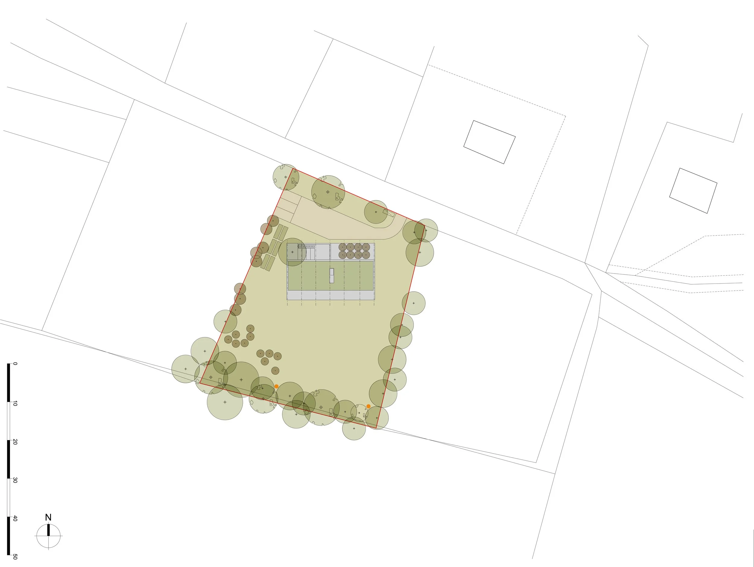 Site plan showing a rectangular yard with trees along the perimeter, a patio area, and a structure in the center of the yard.