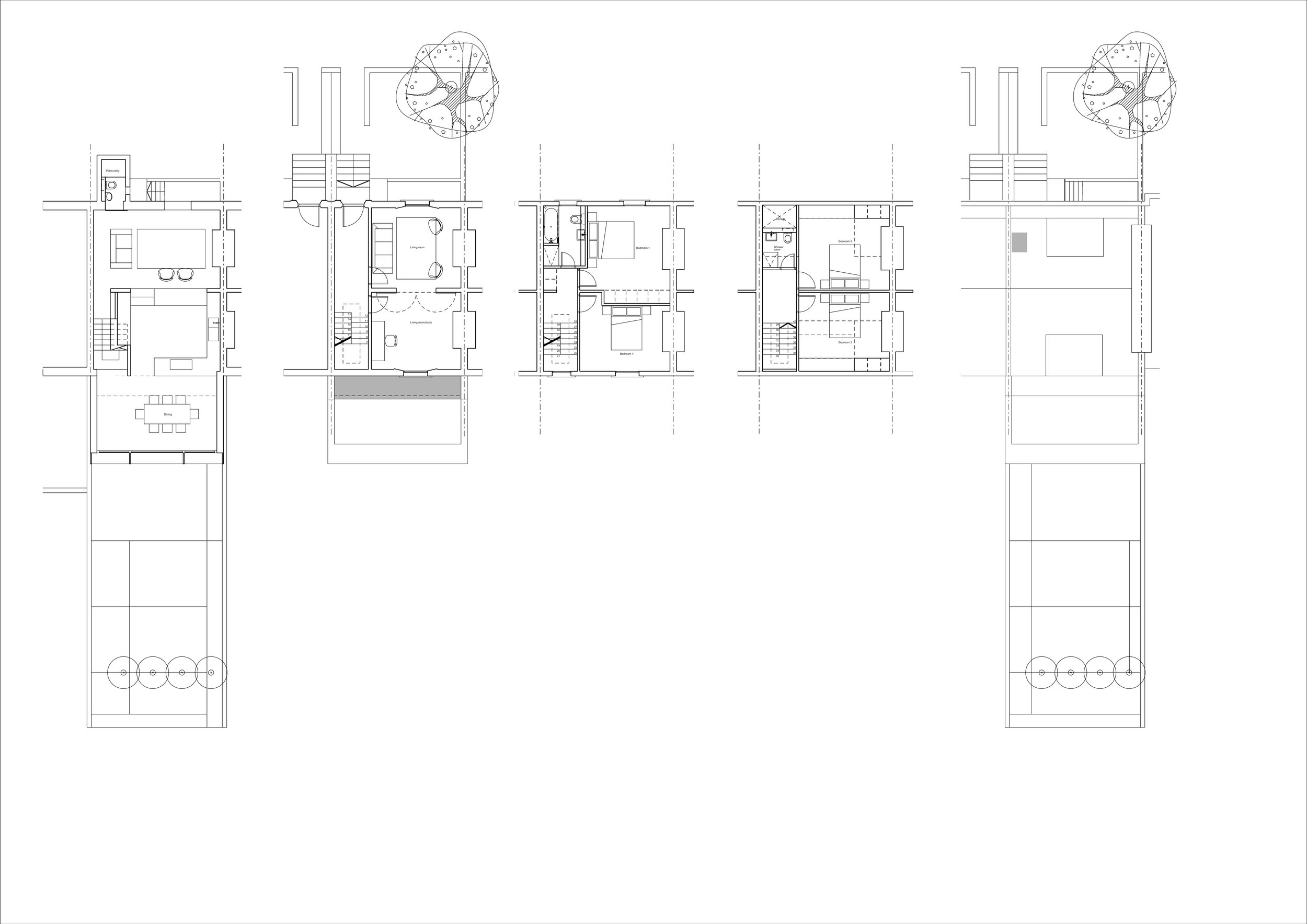 Architectural blueprint of a multi-level house with floor plans for each story, including an outdoor area with trees and landscaping.