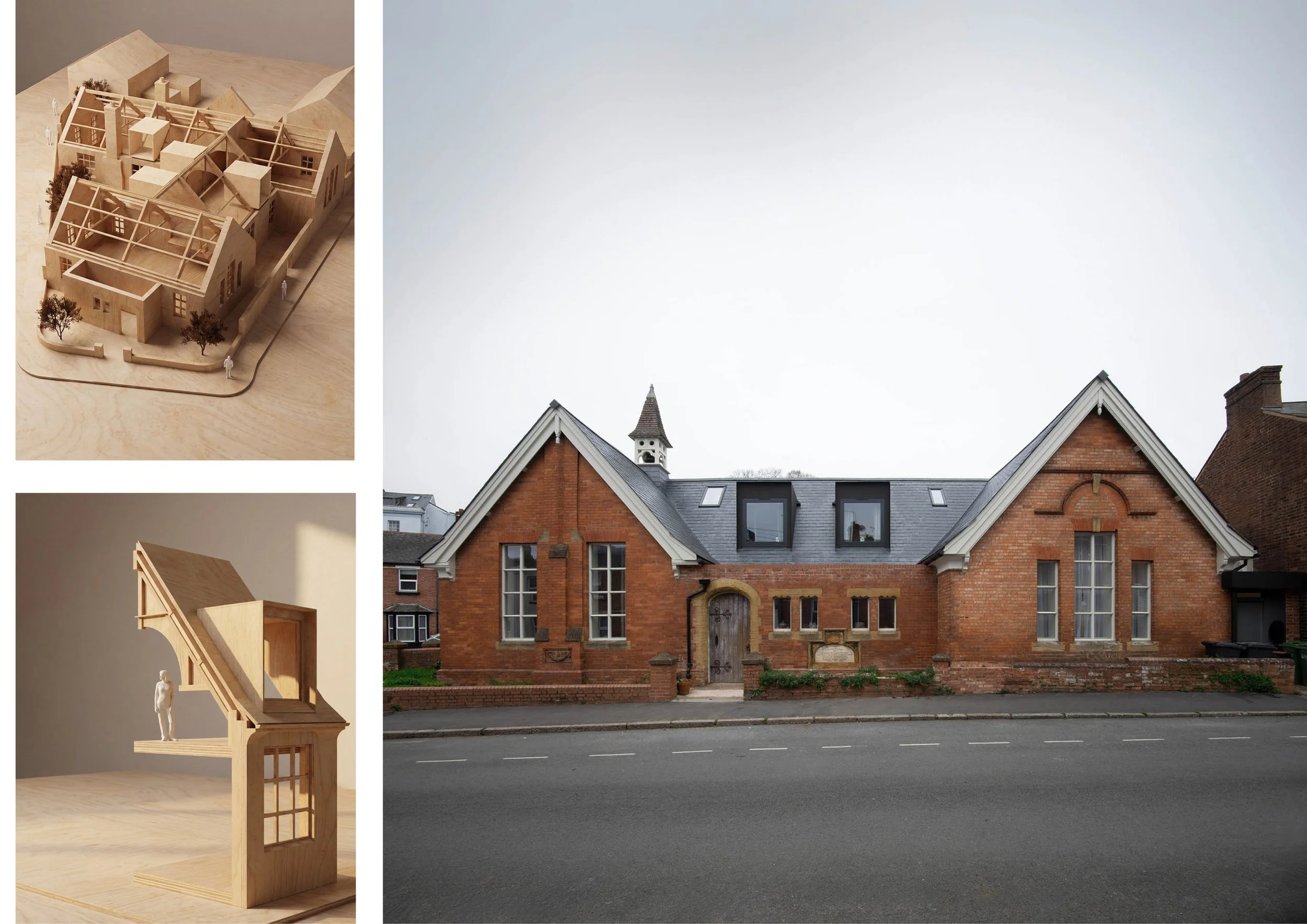 A combination of architectural images: a detailed wooden model of a house with multiple rooms, a courtyard, and a figure standing next to it; and a photograph of a historic red brick building with a gabled roof, arched windows, and a small tower on a