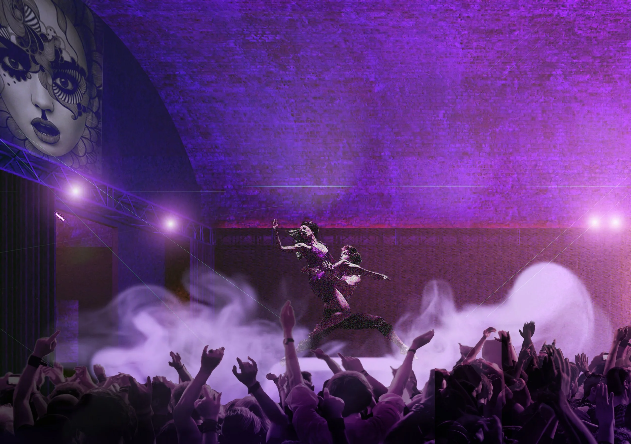 Dance performance on stage with two dancers, smoke effects, purple lighting, crowd cheering, and a large face mural on the wall.
