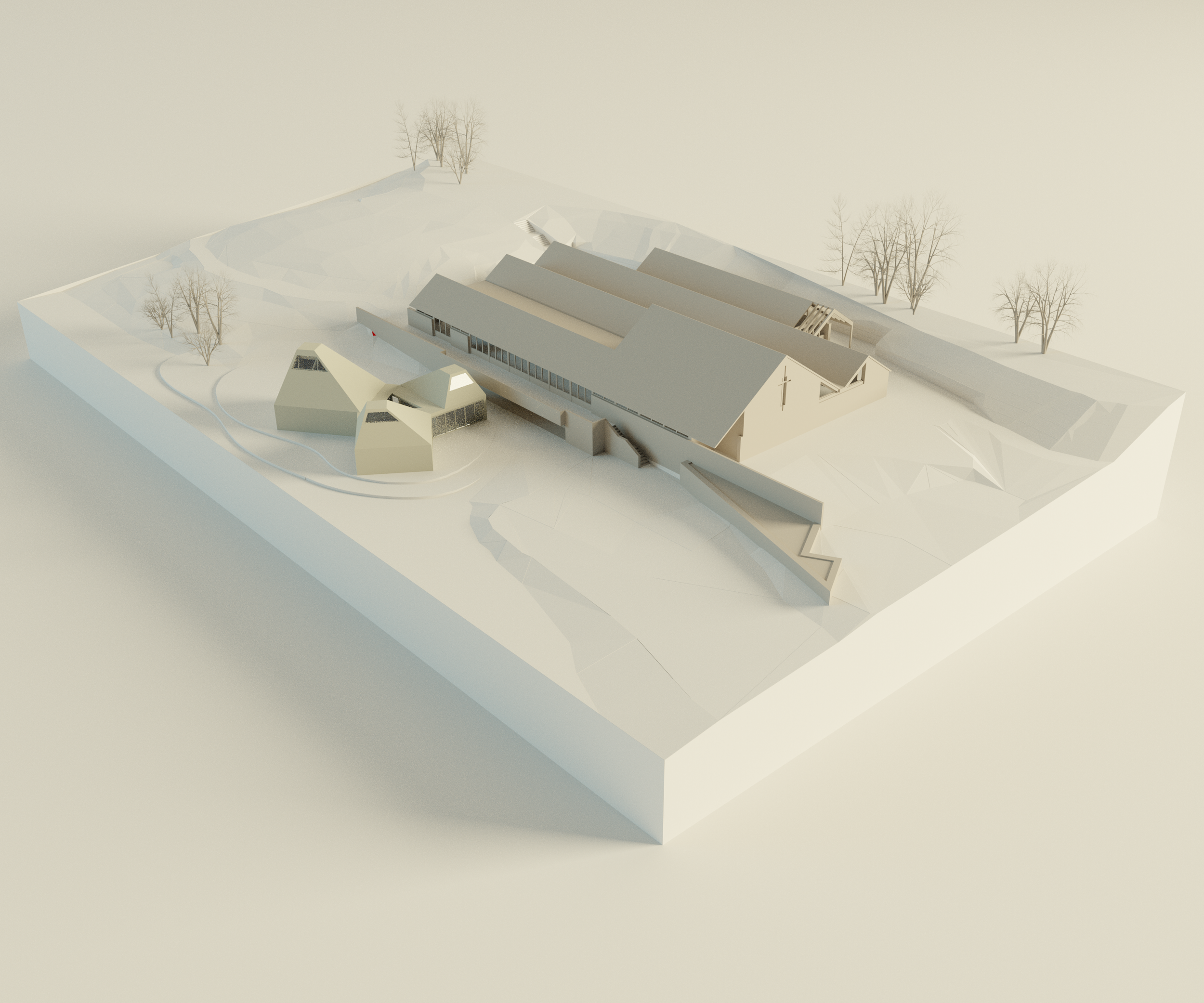 A white architectural model of a building complex on a base, with trees and pathways, viewed from above.