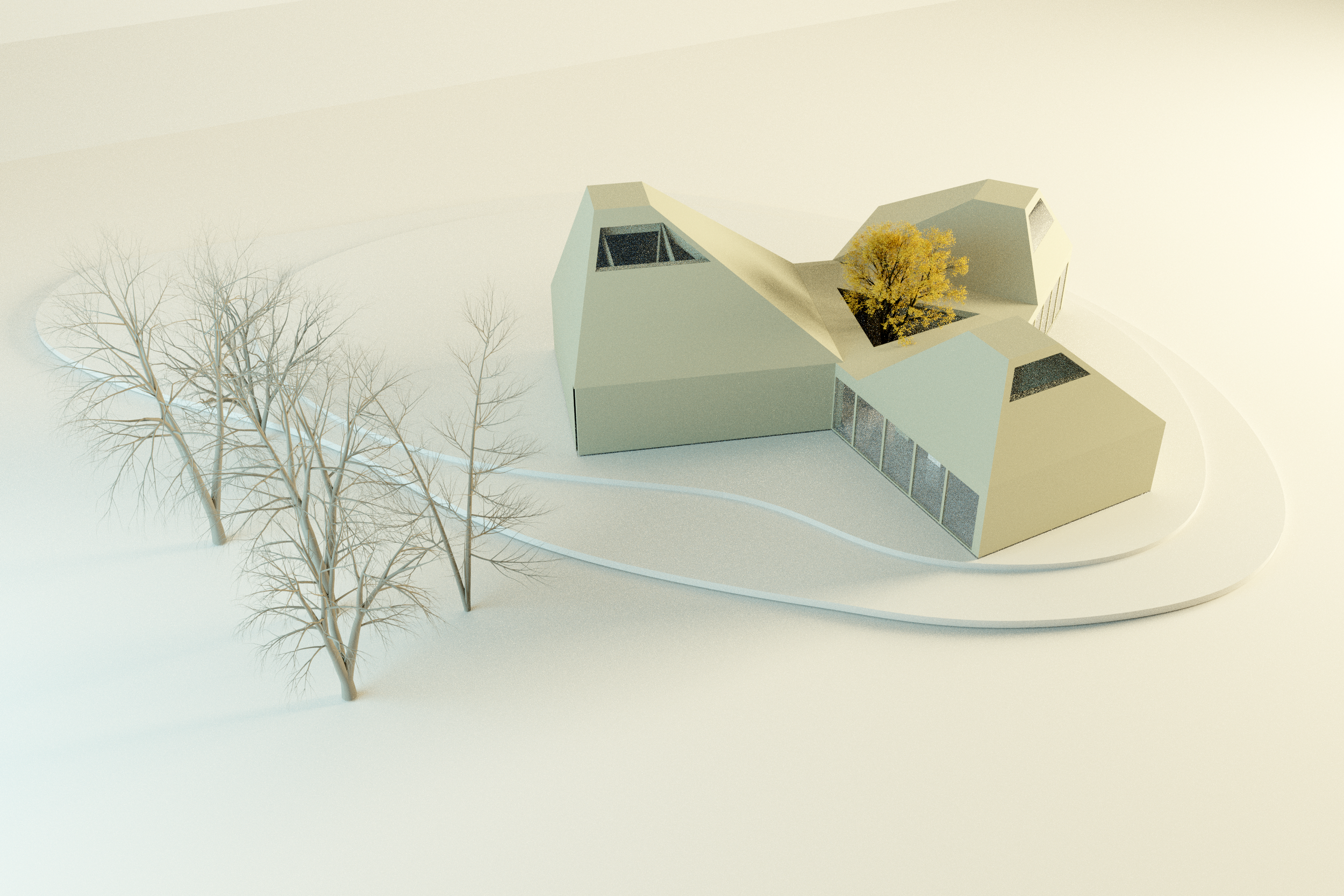 Architectural model of a modern house with angular design and flat roofs, set in a snowy landscape with leafless trees and a small courtyard with a tree.