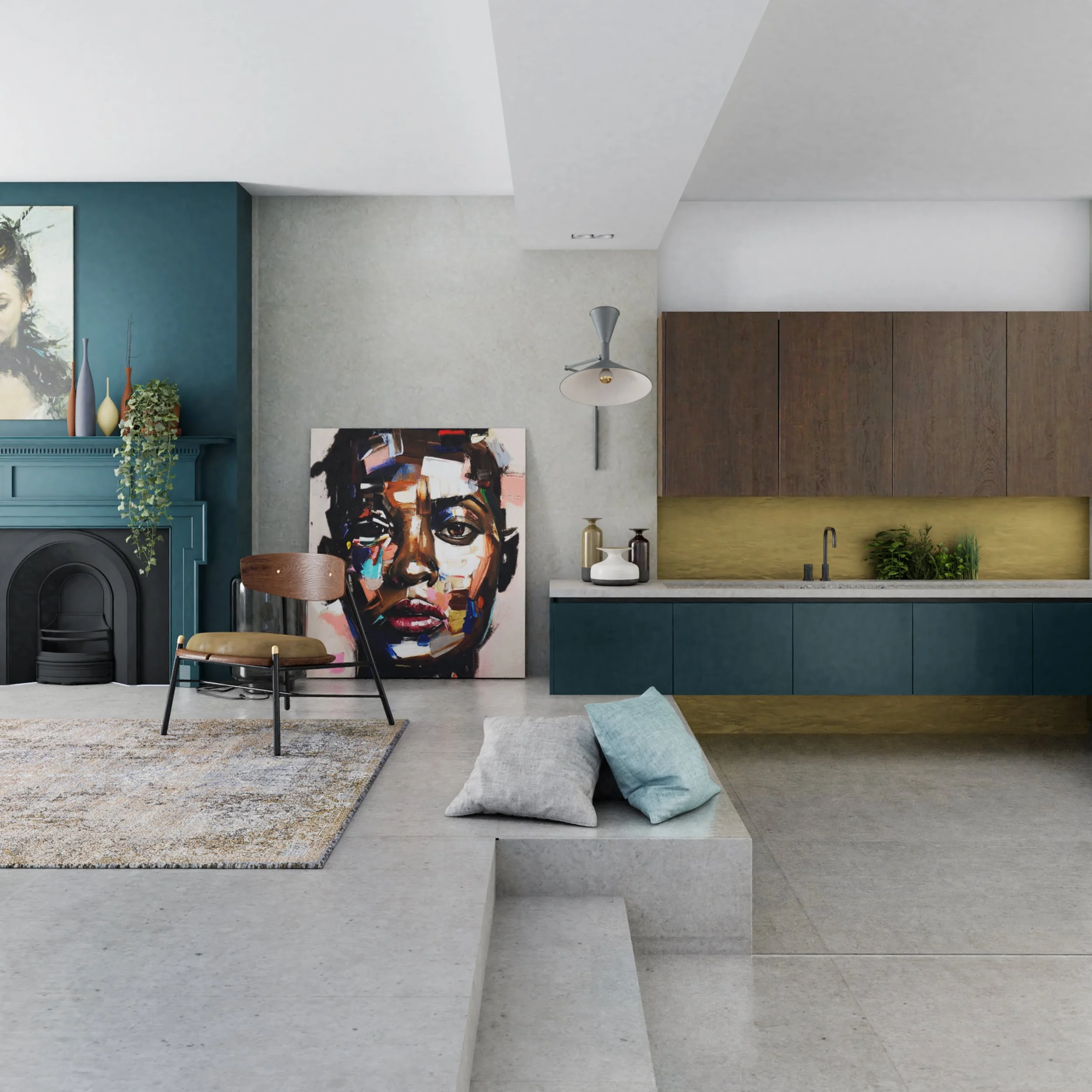 Modern living room with artwork, a chair, and a kitchen with wooden cabinets and a sink