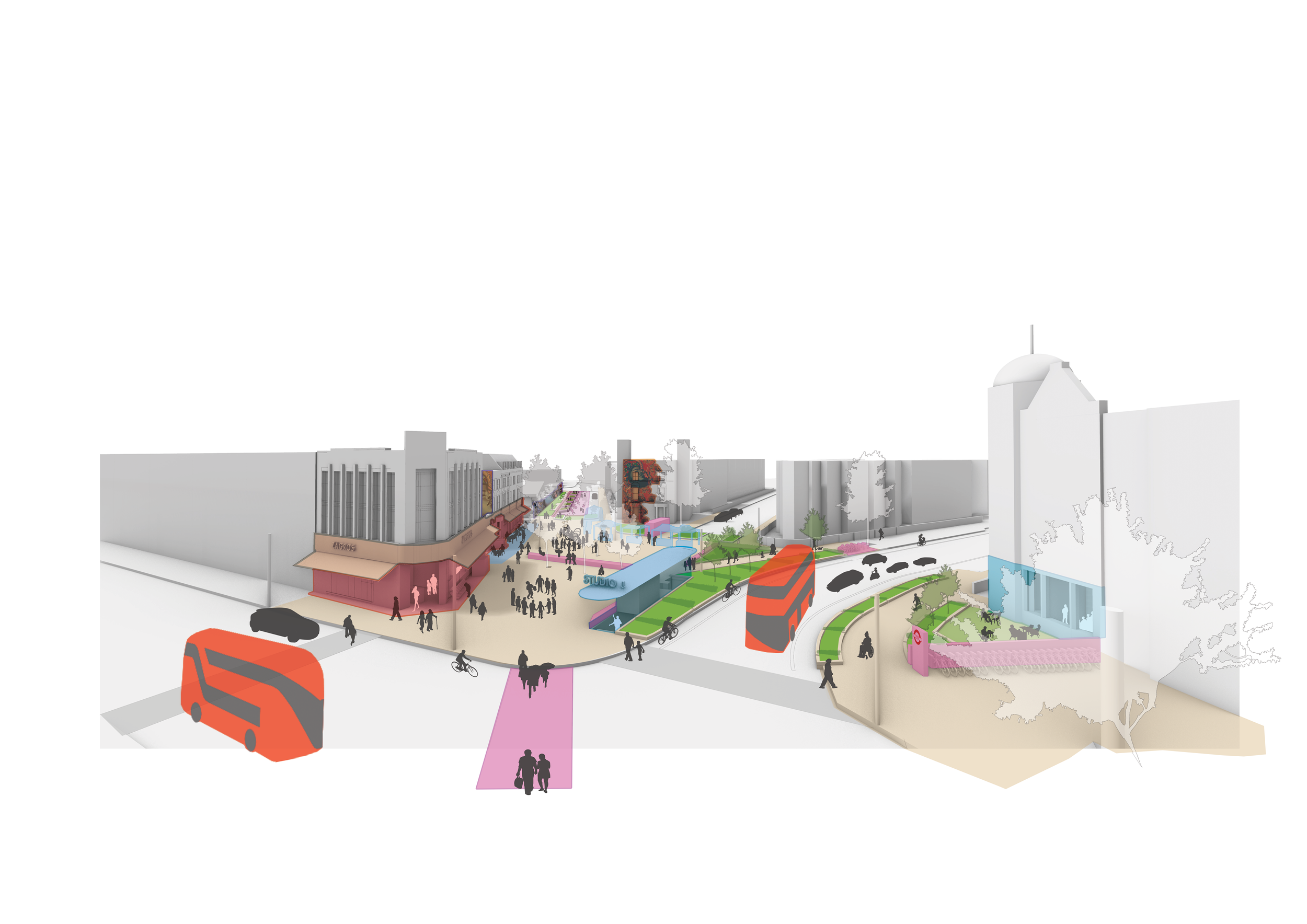 A colorful urban street scene with modern buildings, buses, pedestrians, bicycles, and landscaped areas.