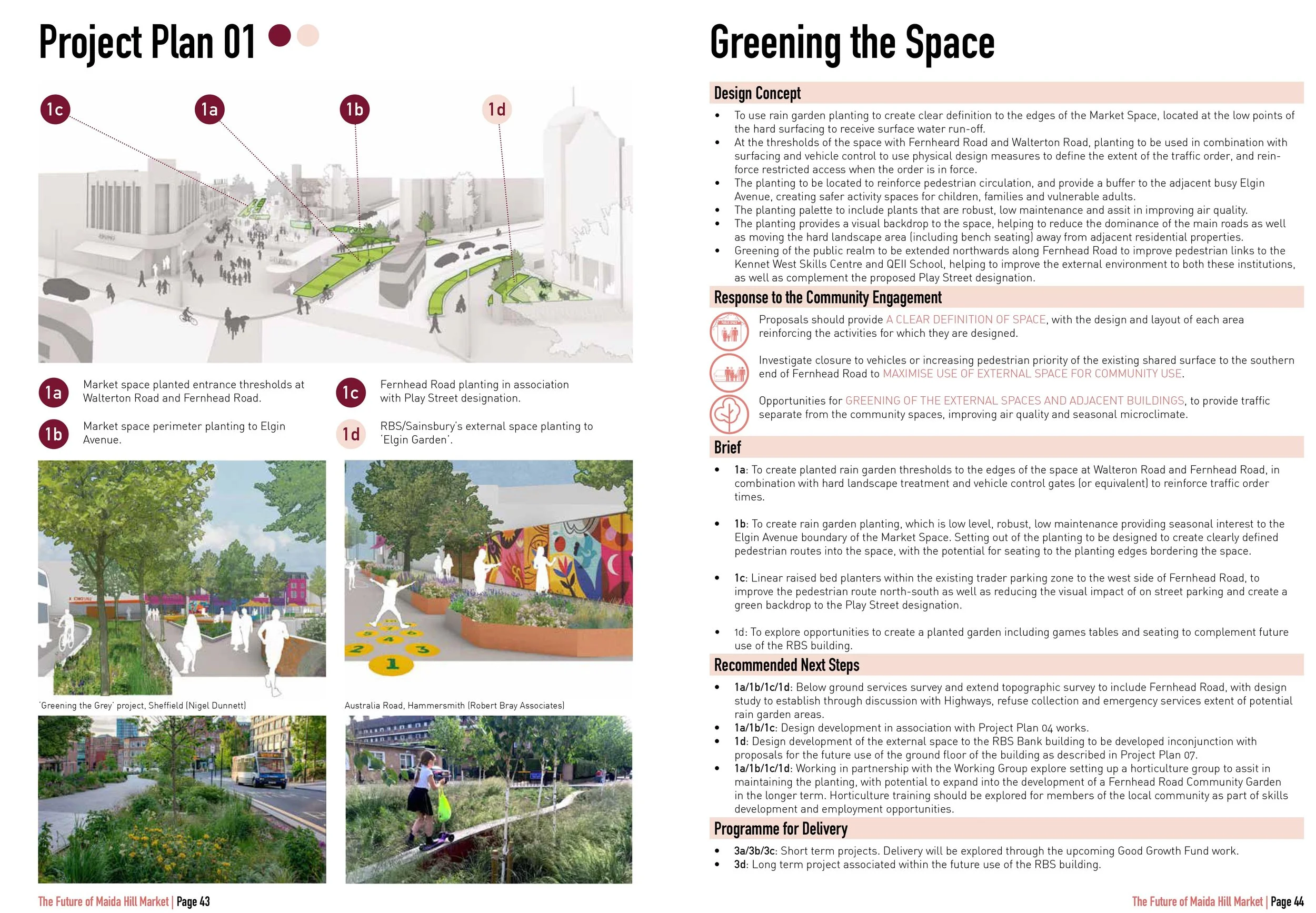 An informational layout for a community greening project, including diagrams and photos of planting areas, walking paths, and a mural, with text detailing project plans, concepts, responses to community engagement, and next steps.