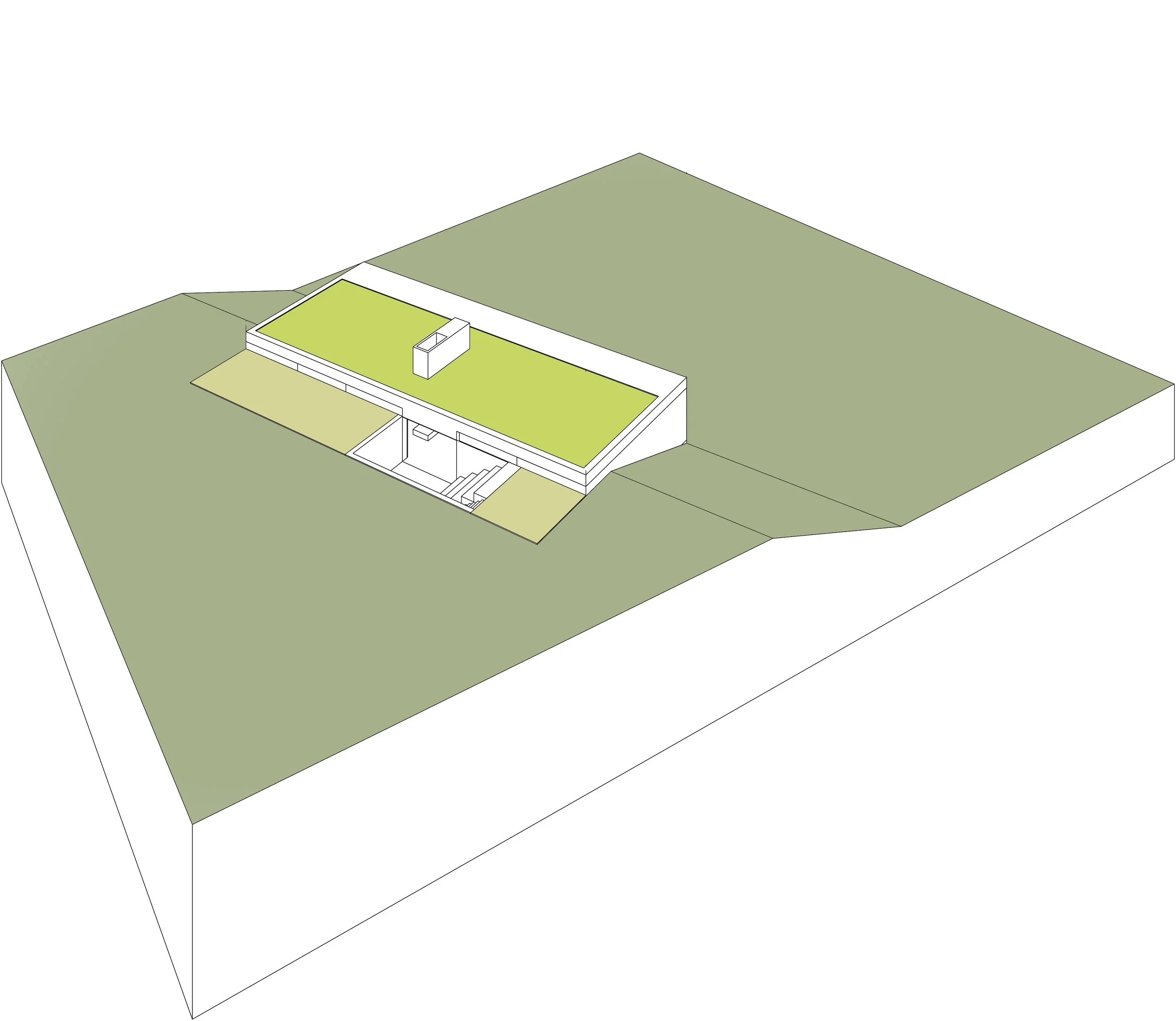 3D architectural model of a modern, single-story building with a flat roof, situated on a large green landscape.
