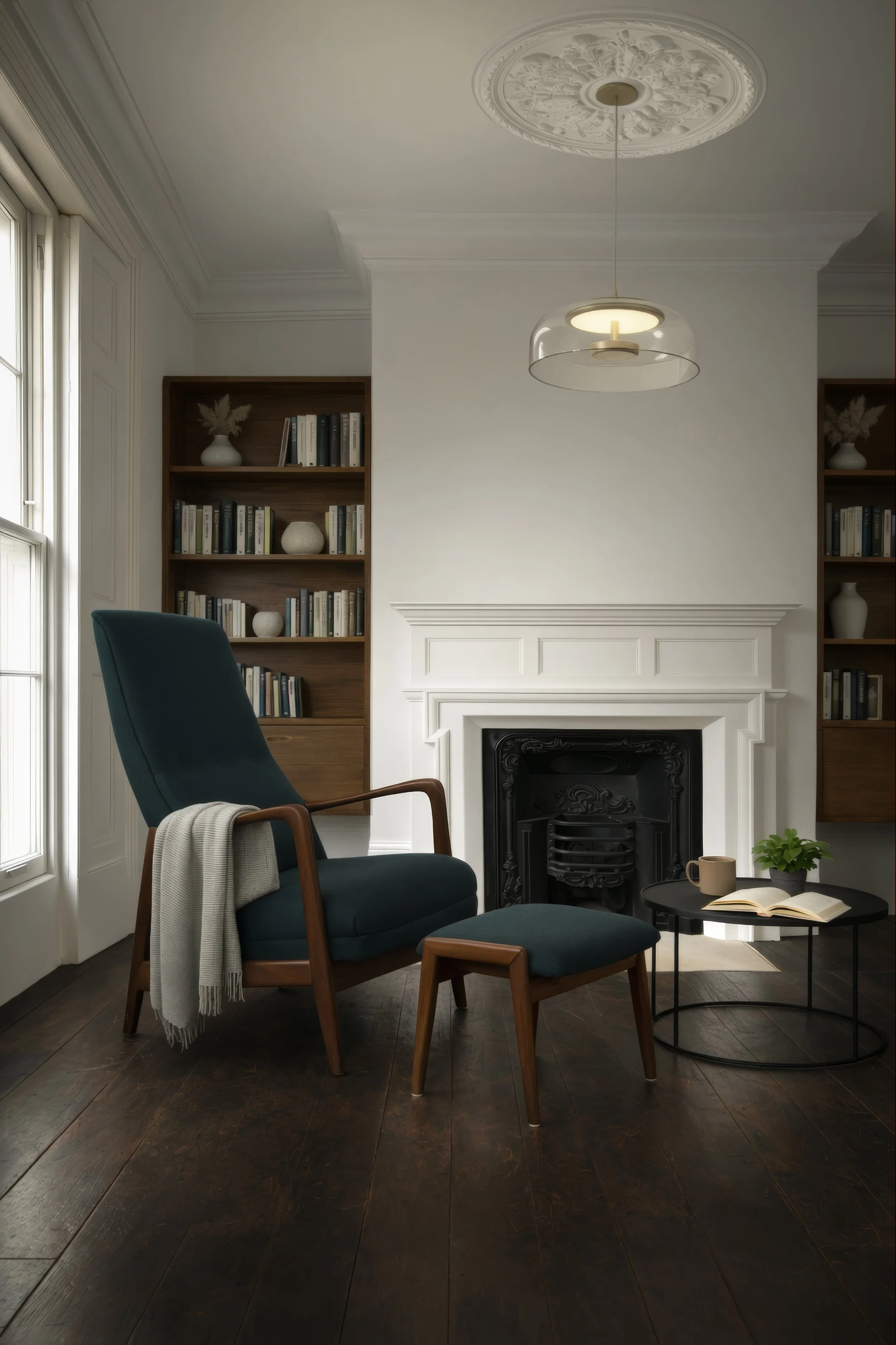 A cozy living room corner with a tall, dark teal armchair and a matching ottoman, a small black round side table holding an open book, a mug, and a potted plant, white walls with built-in bookshelves filled with books and decorative vases, dark woode