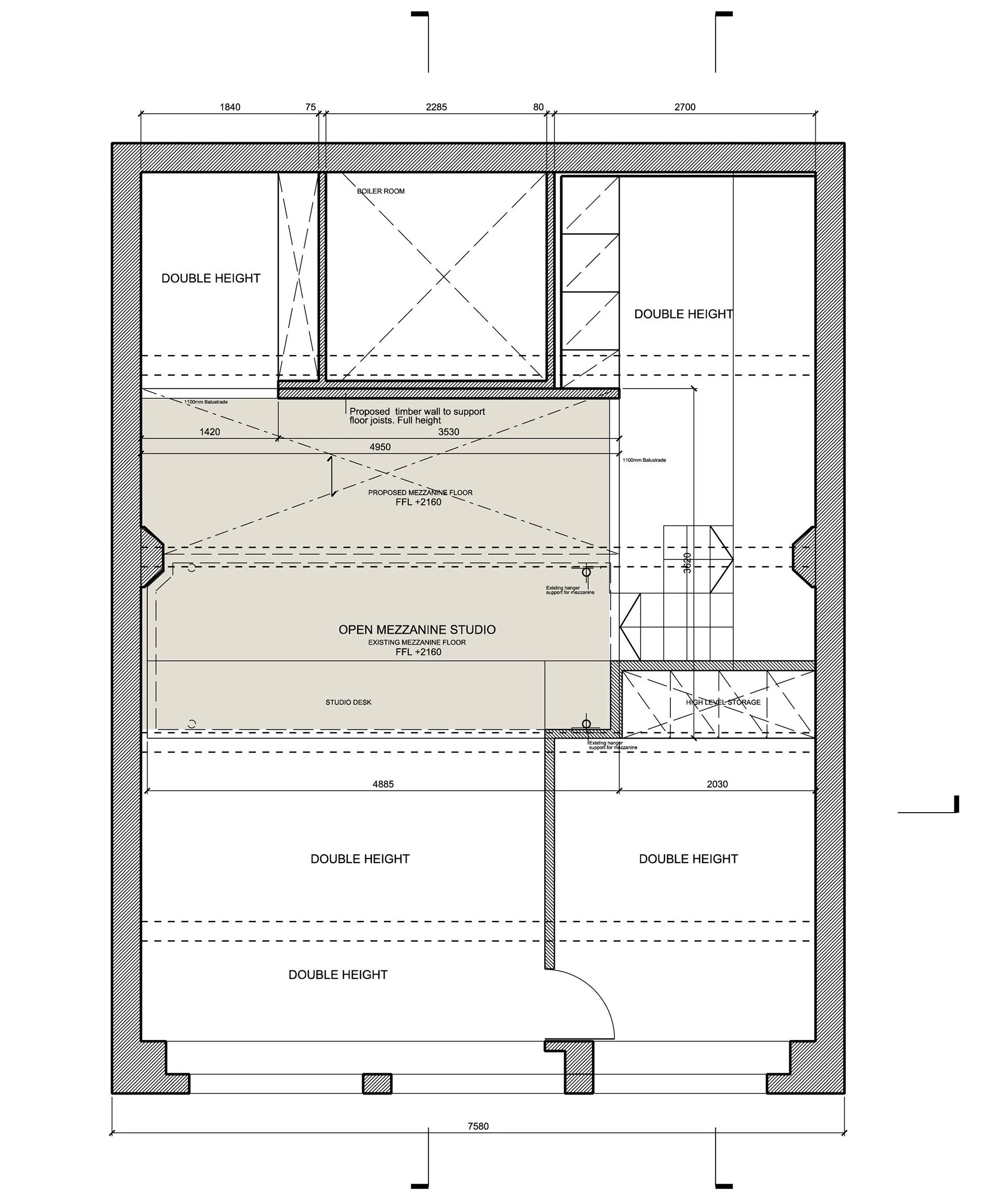 Architectural floor plan of a mezzanine studio with measurements, labeled areas including double height sections, storage, and open mezzanine space.