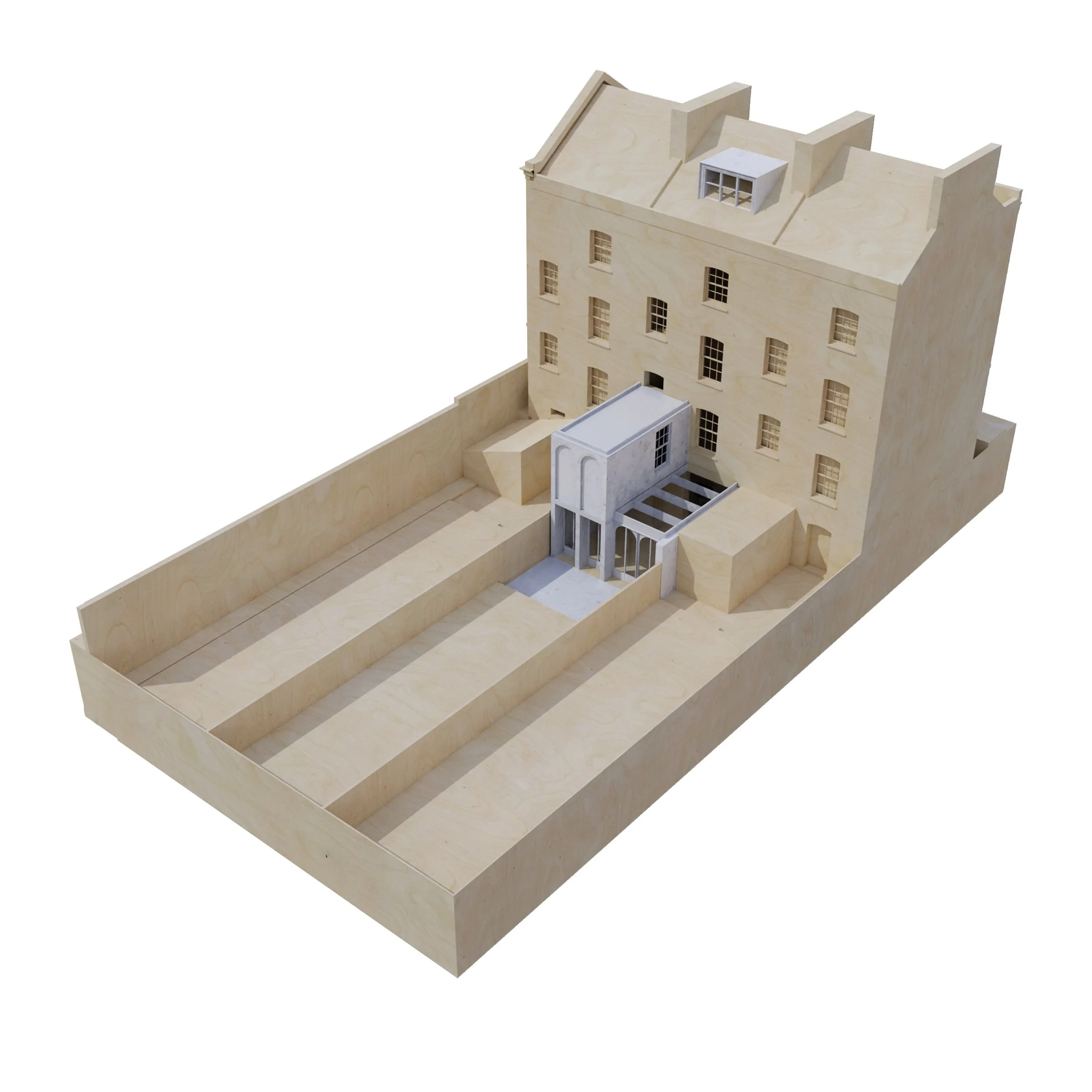 Architectural model of a multi-story building with a courtyard, featuring a modern entrance and a surrounding walled area.