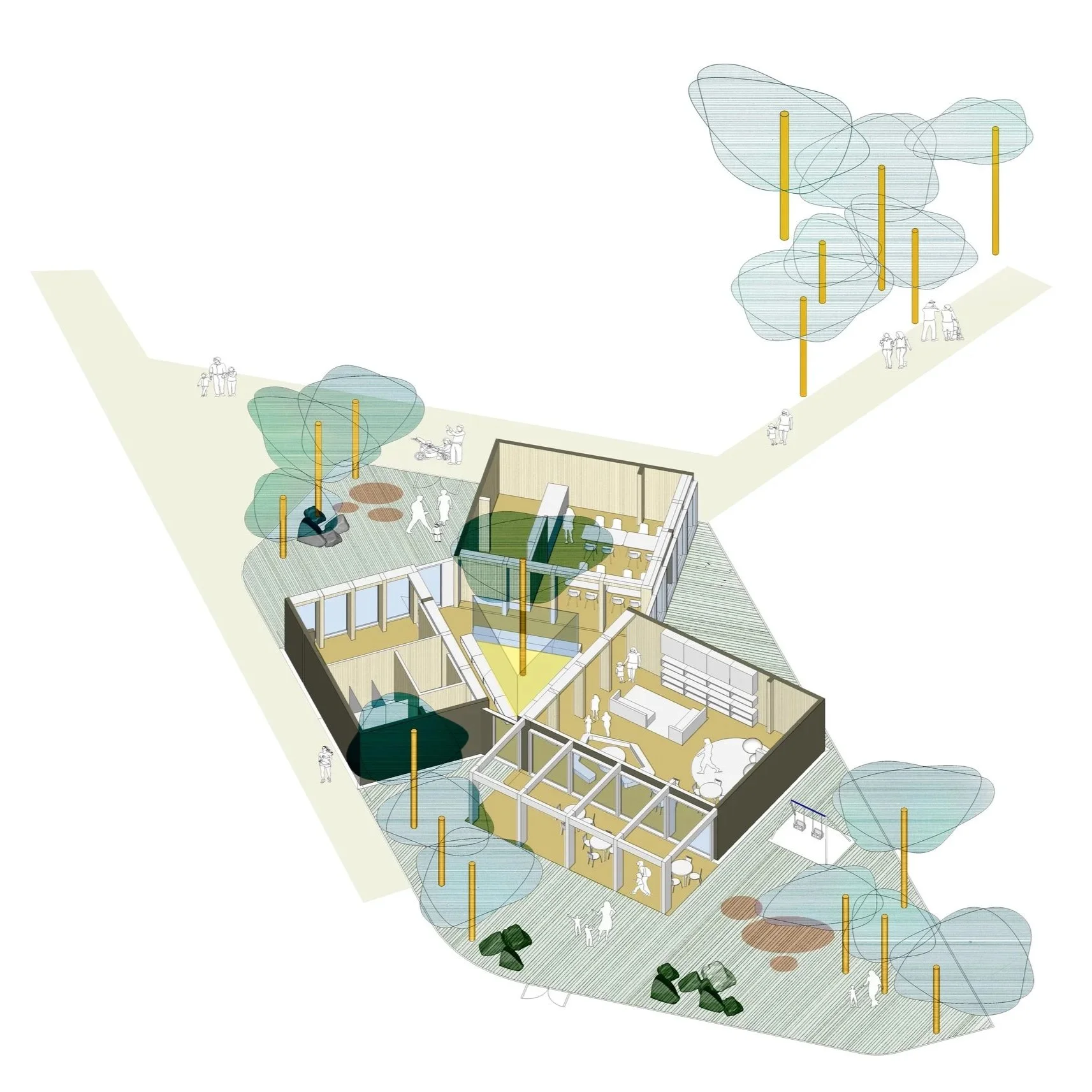 A 3D architectural illustration of a house surrounded by trees and outdoor spaces, showing the interior layout and design.