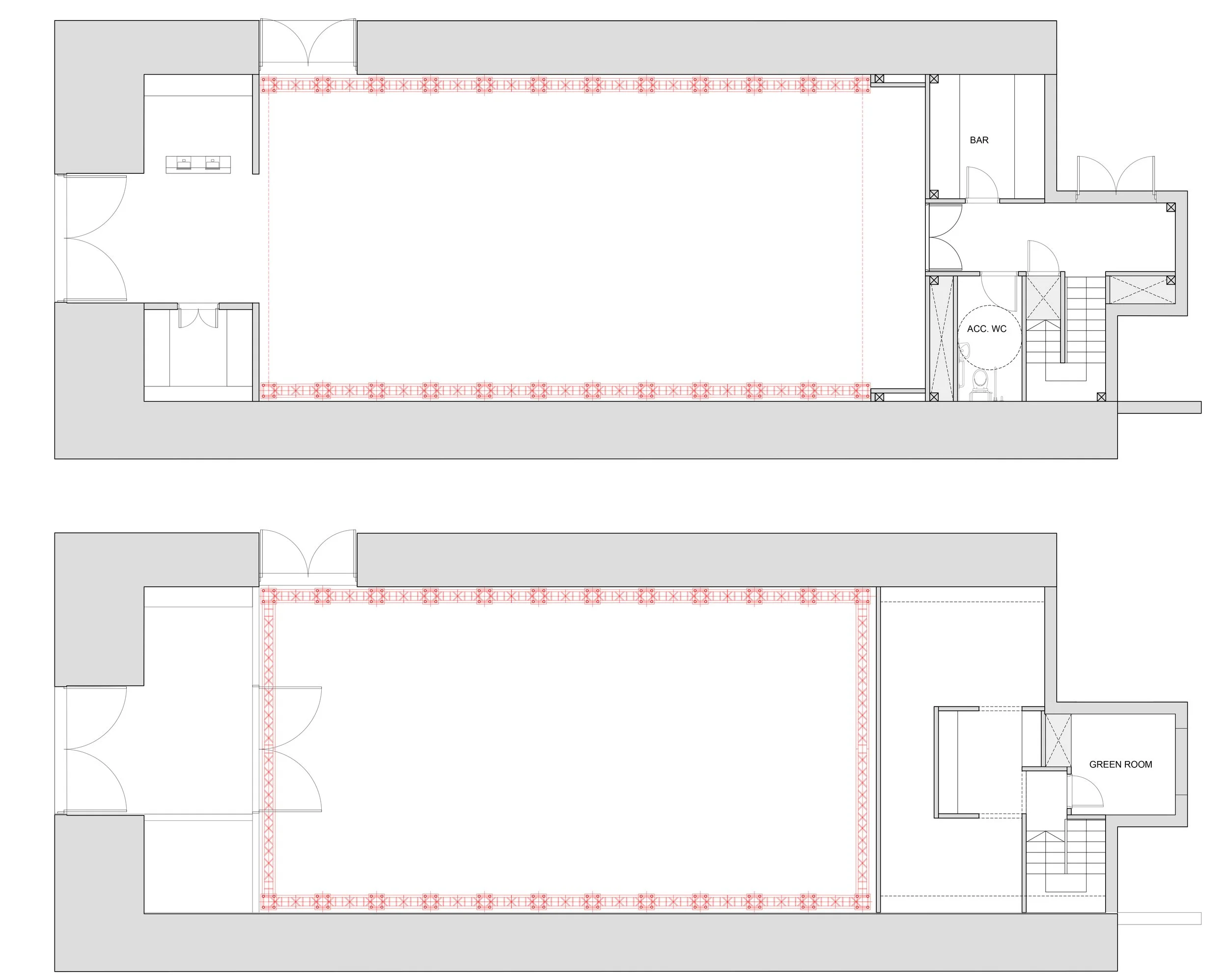 Architectural floor plans of two levels of a building. The top plan shows a large open space with a bar, restroom, and entrance areas. The bottom plan depicts a large open space similar in size, with a green room at one end and an entrance at the oth