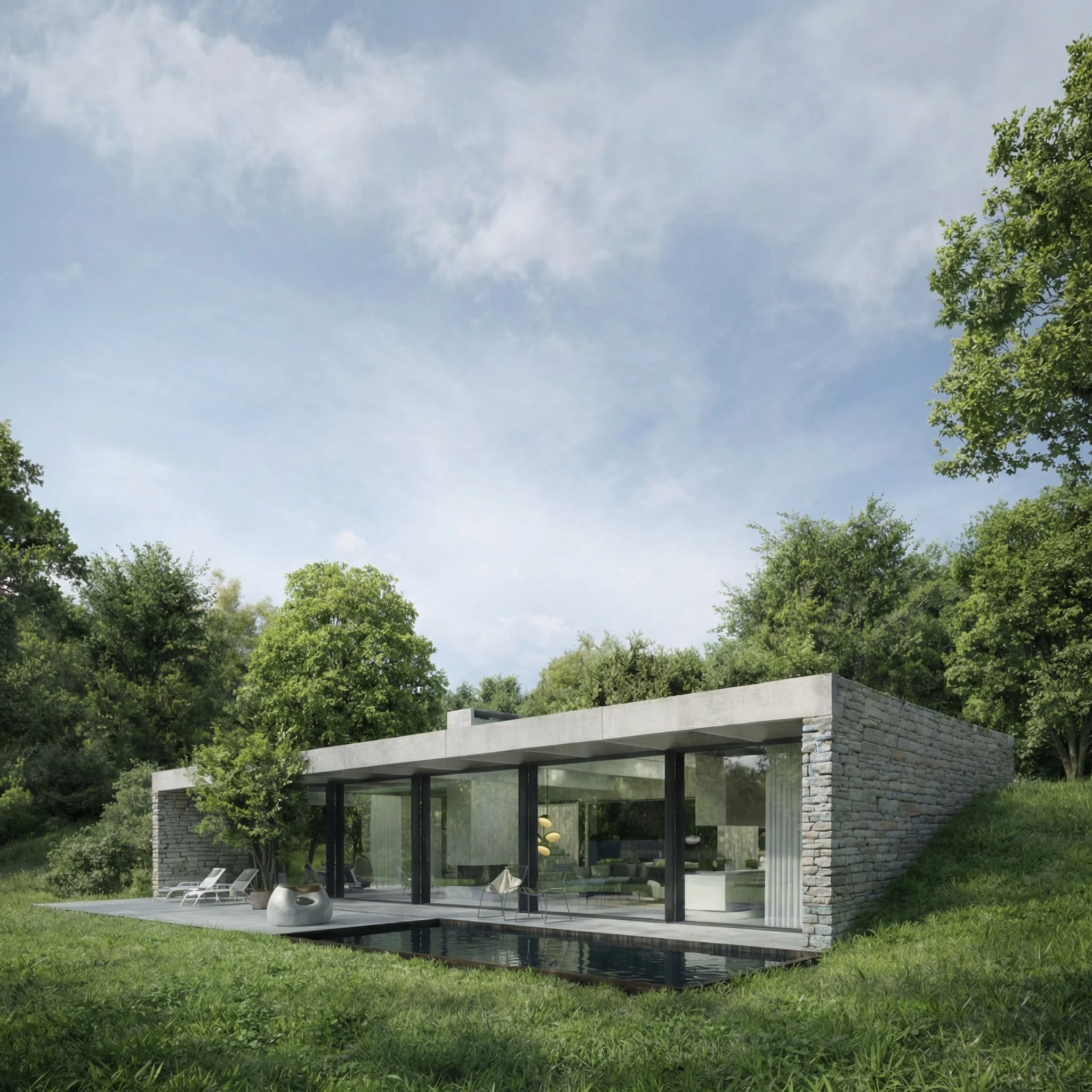 Modern house with stone walls and large glass windows surrounded by green trees and grass, with a swimming pool in front and outdoor chairs.