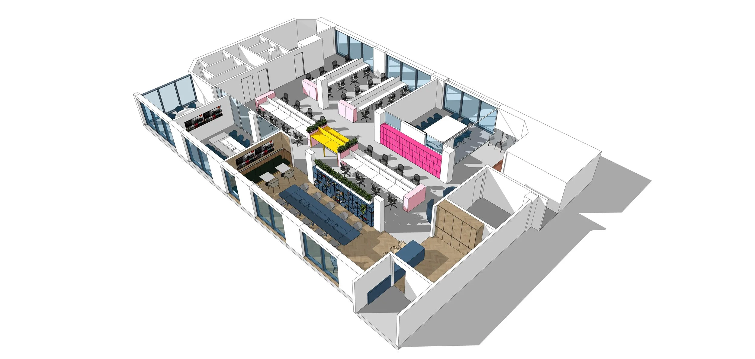 3D floor plan of an office space with multiple workstations, meeting rooms, lounge areas, and large windows.