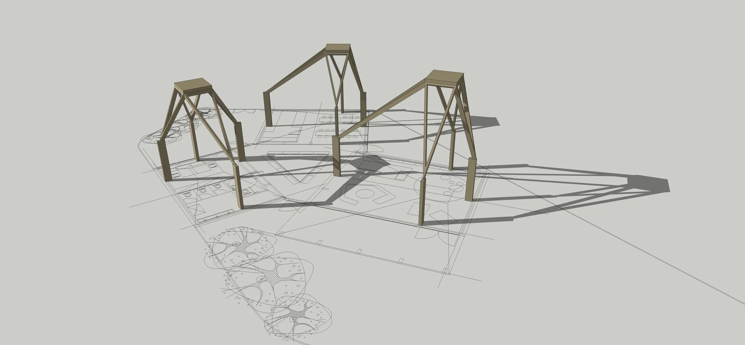 3D rendering of a playground structure with three towers connected by inclined bridges, overlaid on a blueprint layout of the playground area.