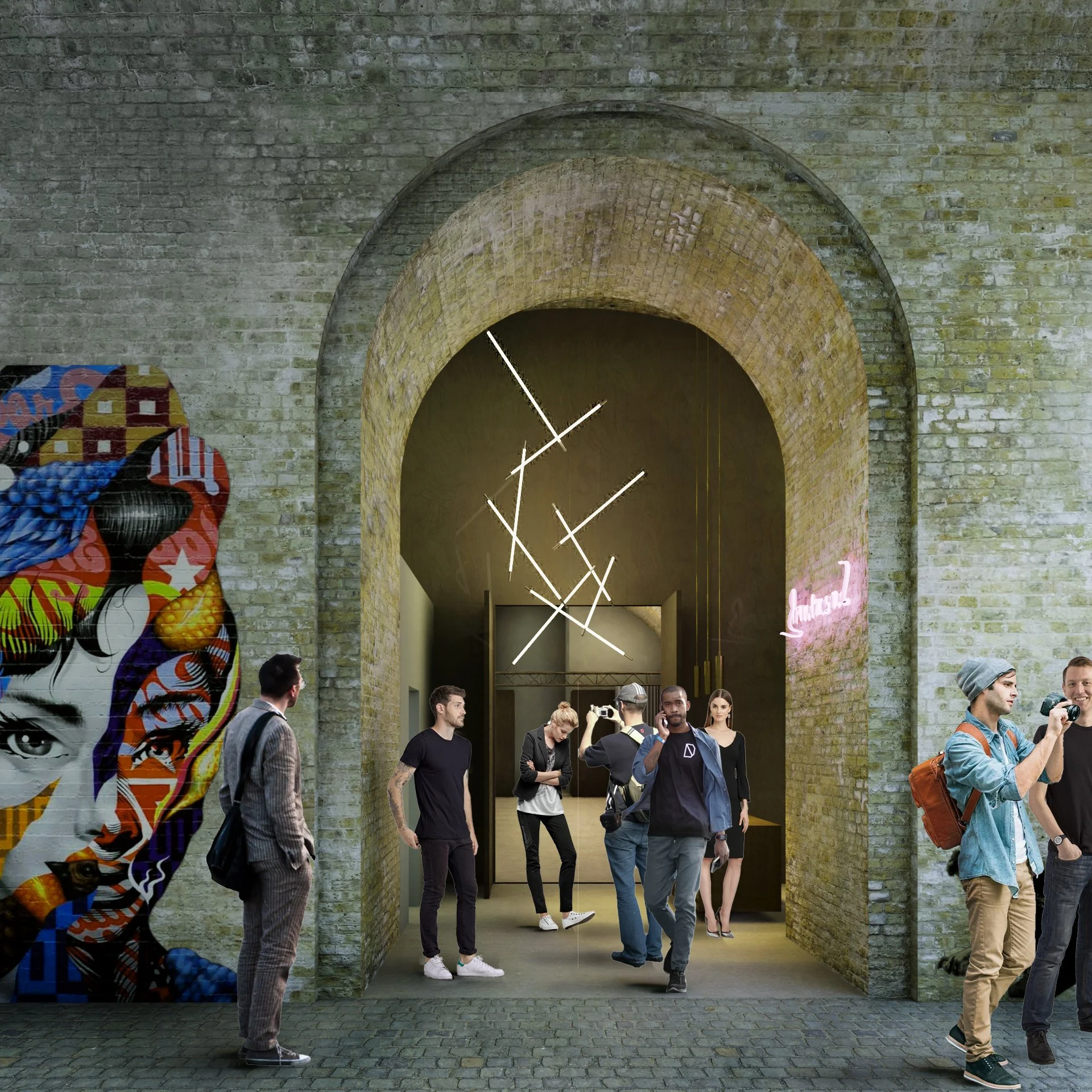 Urban art gallery with exposed brick walls and modern light fixtures, visitors observing artwork on the walls.