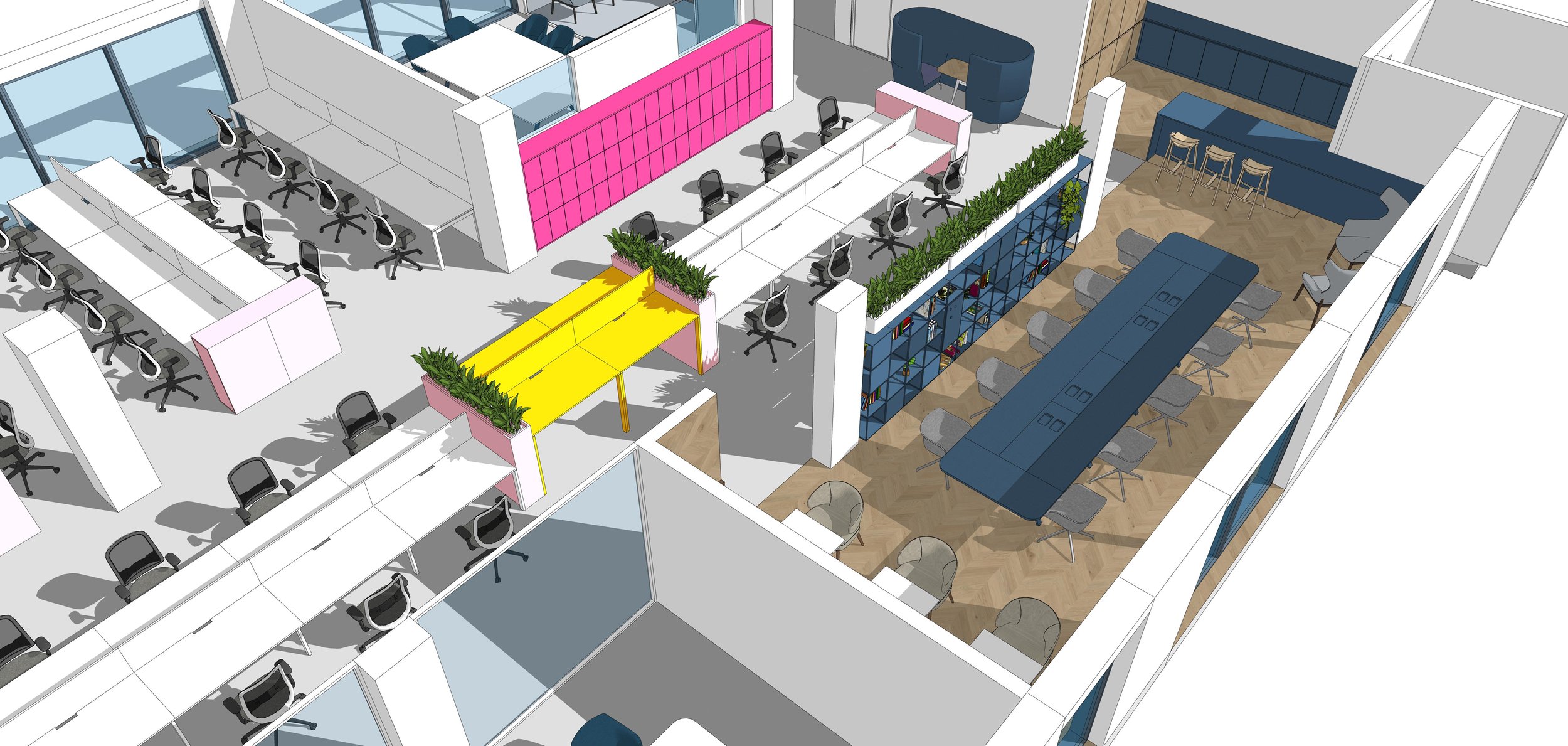 An office space with multiple workstations, meeting areas, and lounge sections featuring colorful furniture and indoor plants.