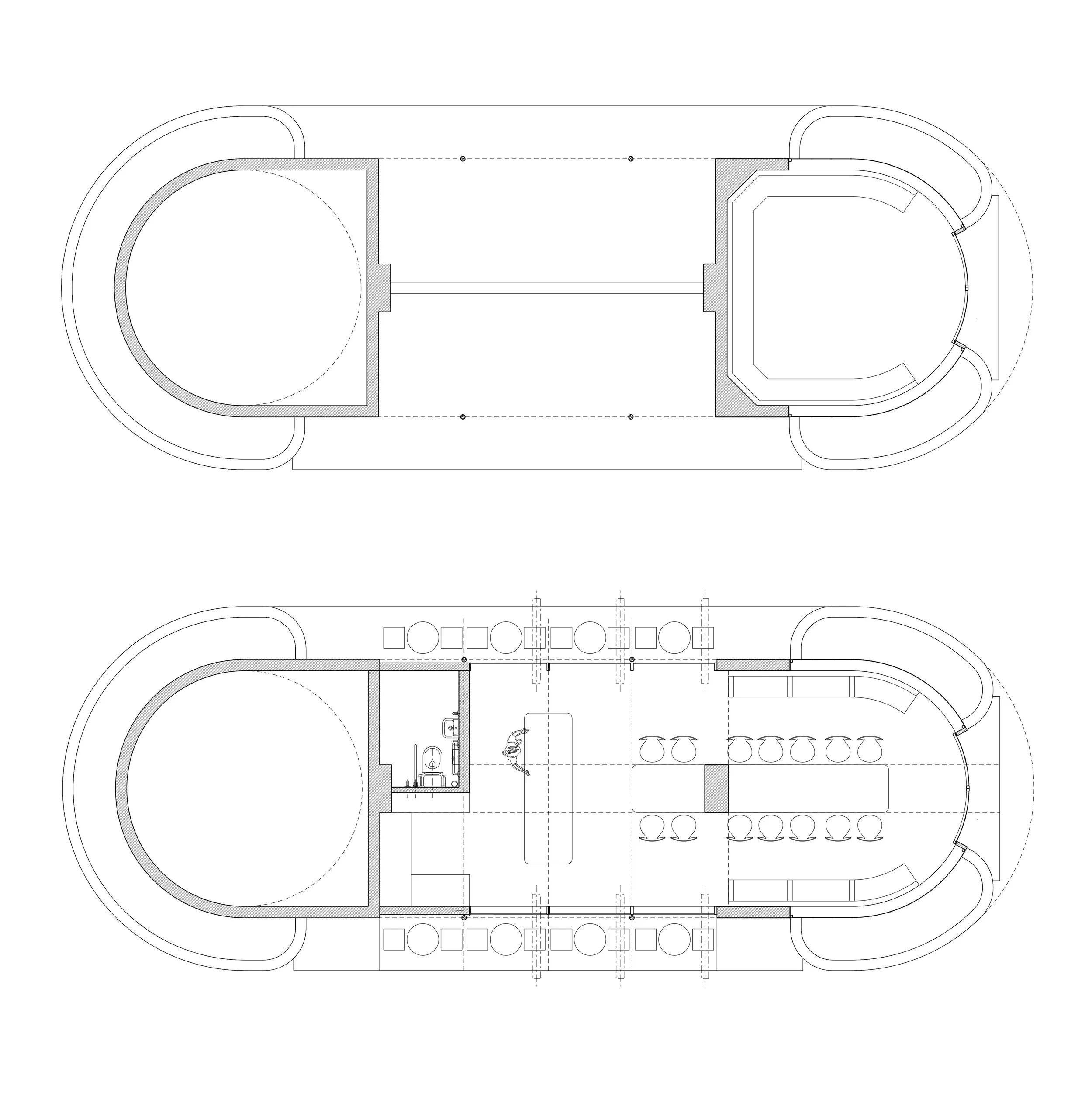 Architectural floor plans of a building, showing different interior layouts on two levels. The upper plan is an open space with curved walls, and the lower plan has a central area with seating, a bar, and a bathroom.