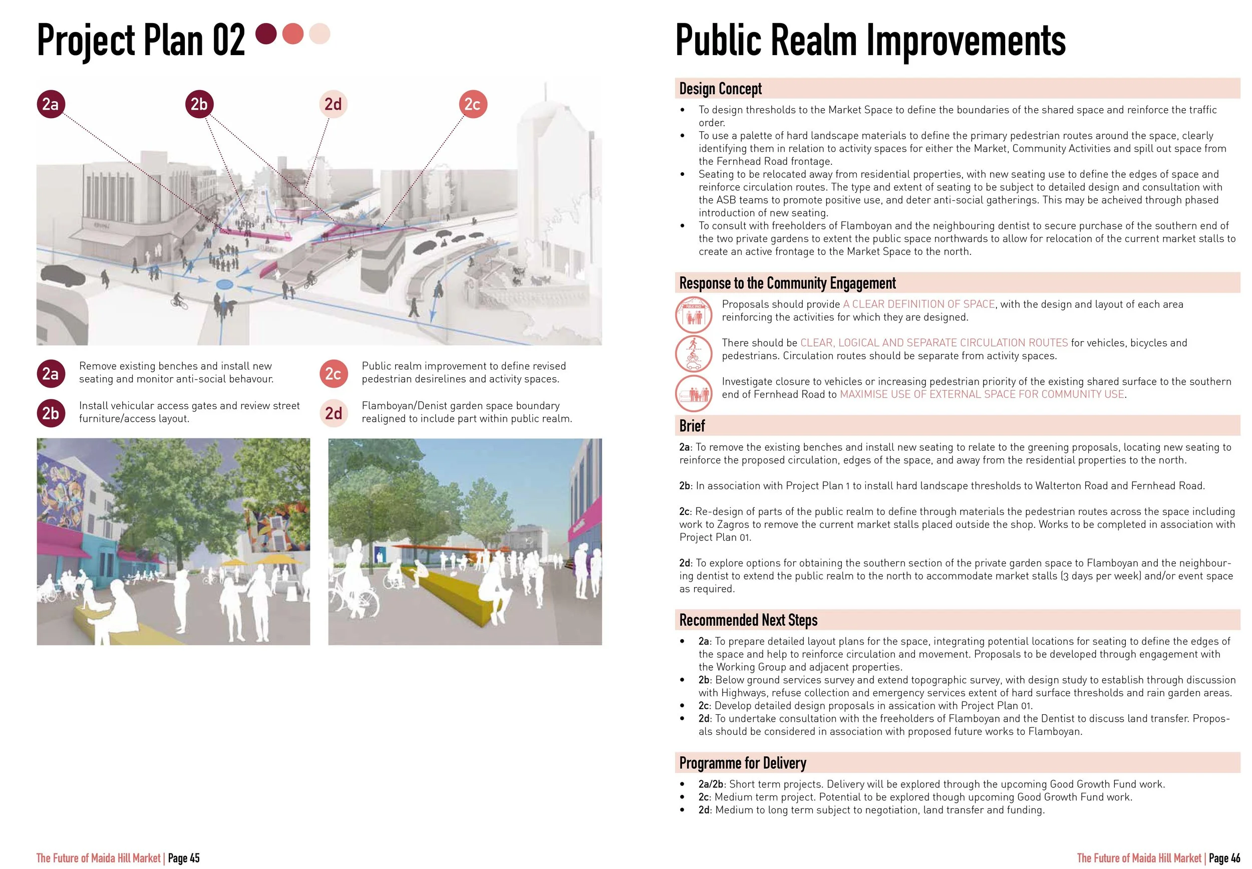 Diagram illustrating public realm improvements with labels 2a, 2b, 2c, 2d, and accompanying descriptions of seating, pedestrian pathways, access gates, and garden space boundary adjustments, alongside text outlining project goals and community engage