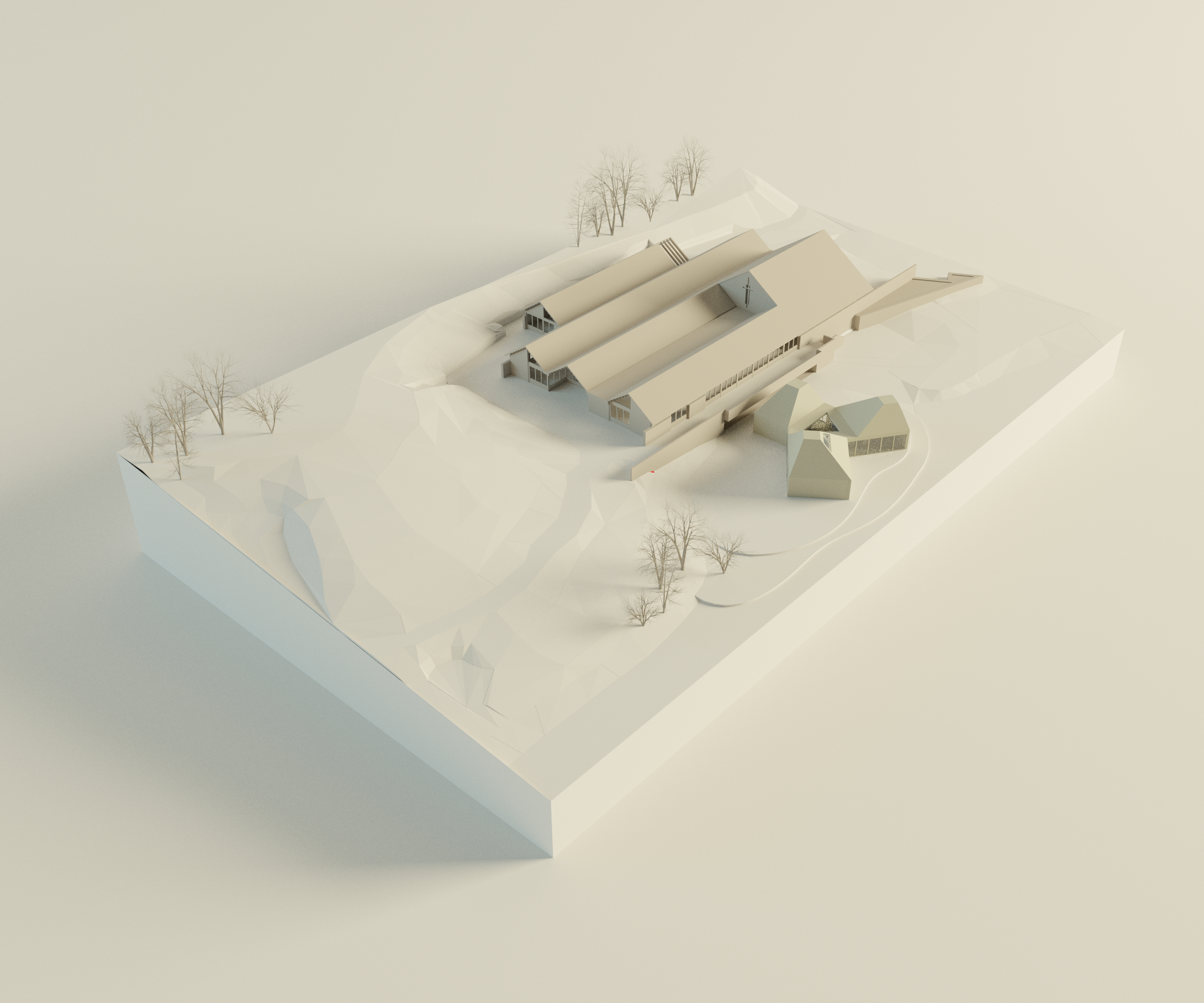 Architectural model of a building with multiple sections on a sloped landscape with trees.