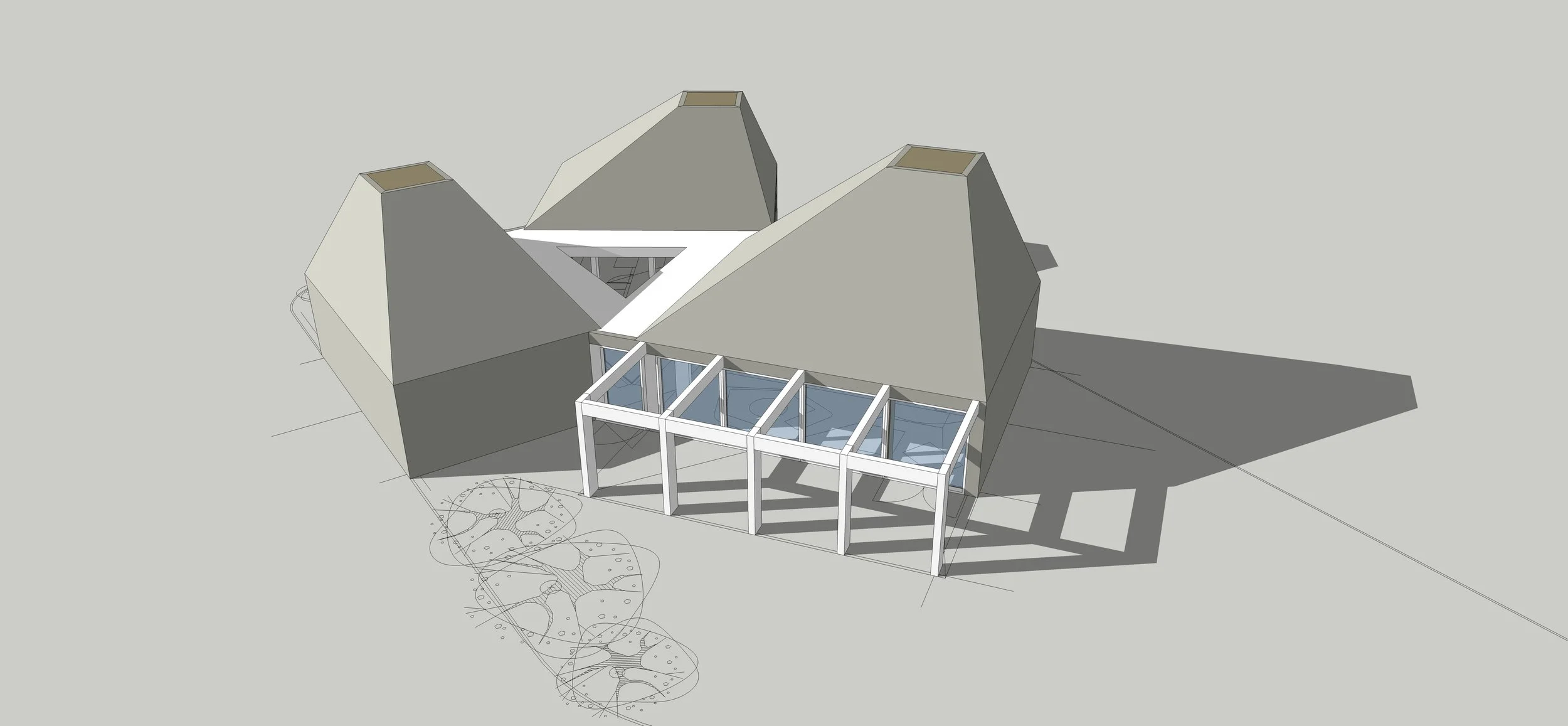 A 3D architectural model of a modern building with a unique roof design, large glass windows, and an outdoor patio area with a pergola structure, situated on a light gray background.