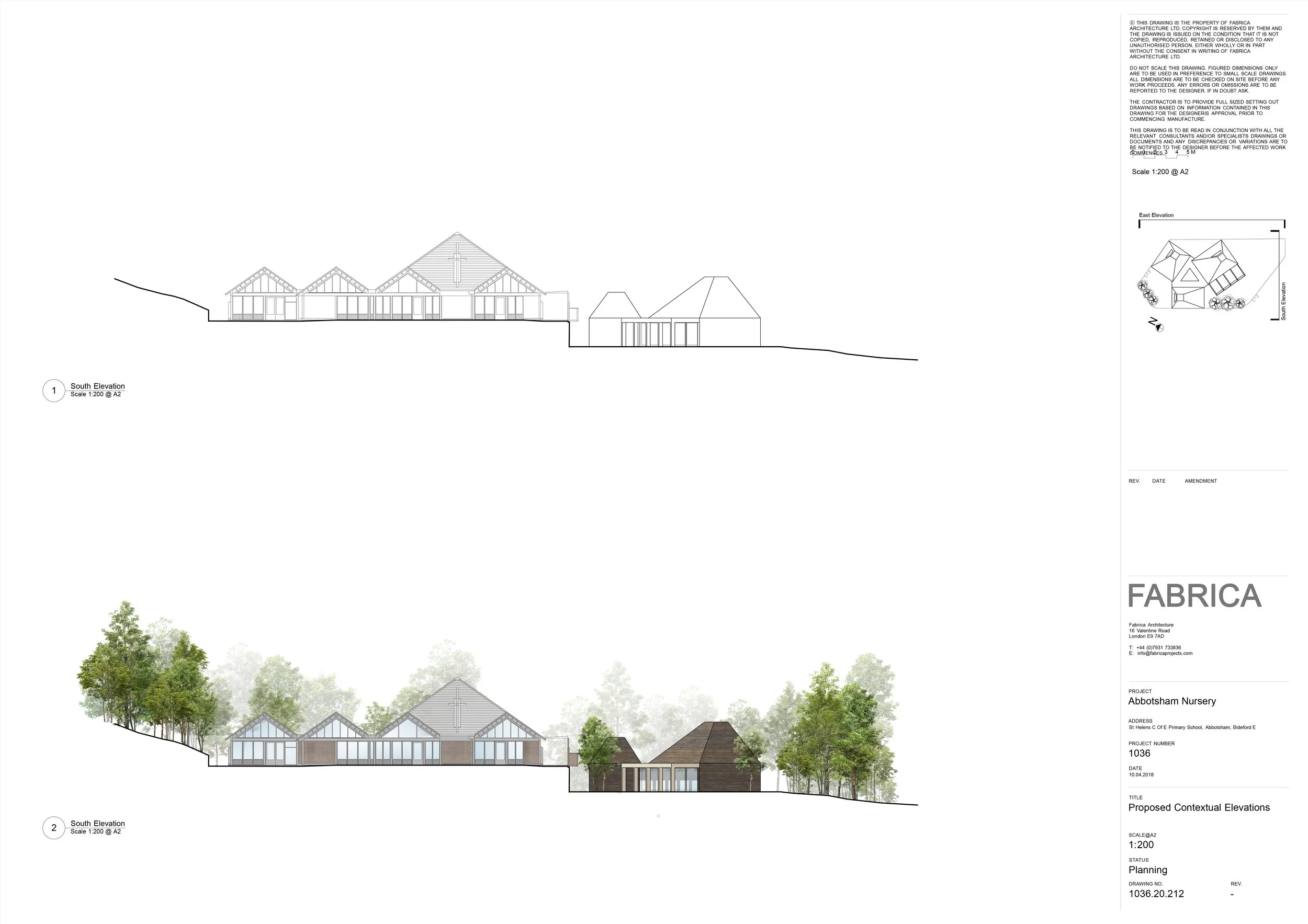 Architectural drawing showing proposed south elevation views of a nursery building, with detailed building outlines, trees, and site elements, including a color-rendered side view with landscaping.