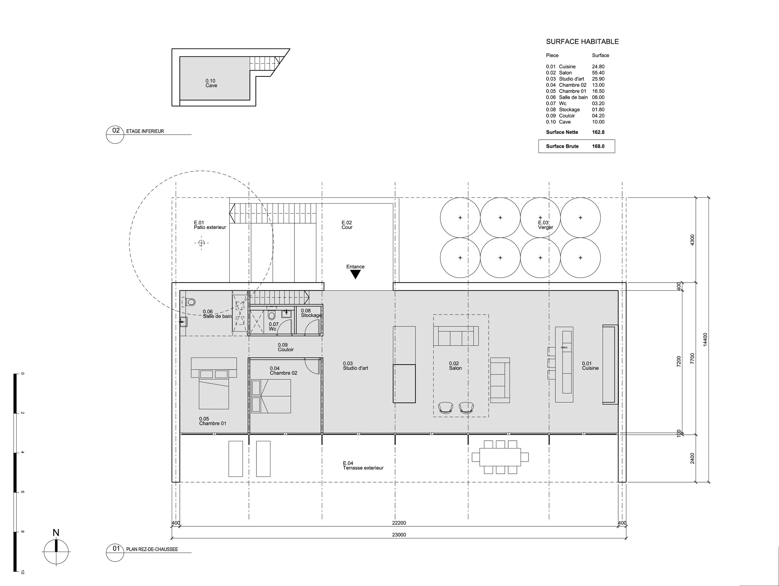 Architectural floor plan of a house, showing rooms such as kitchen, living room, bedrooms, bathrooms, storage, patio, courtyard, cellar, and outdoor terrace with garden.