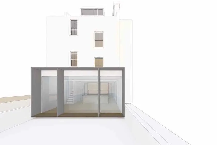 Minimalist modern building with large glass enclosed space at ground level, multiple windows on upper floors, and a chimney or vent on the roof.