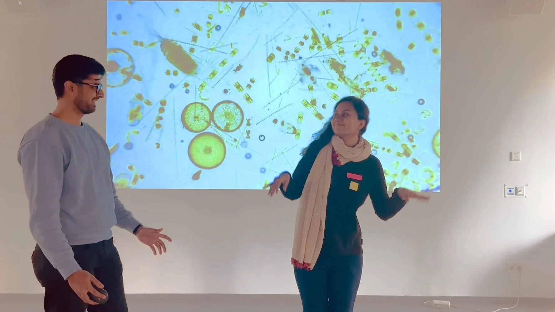 A man and a woman standing in front of a large digital screen displaying microscopic images of cells or bacteria, engaging in a conversation or presentation.