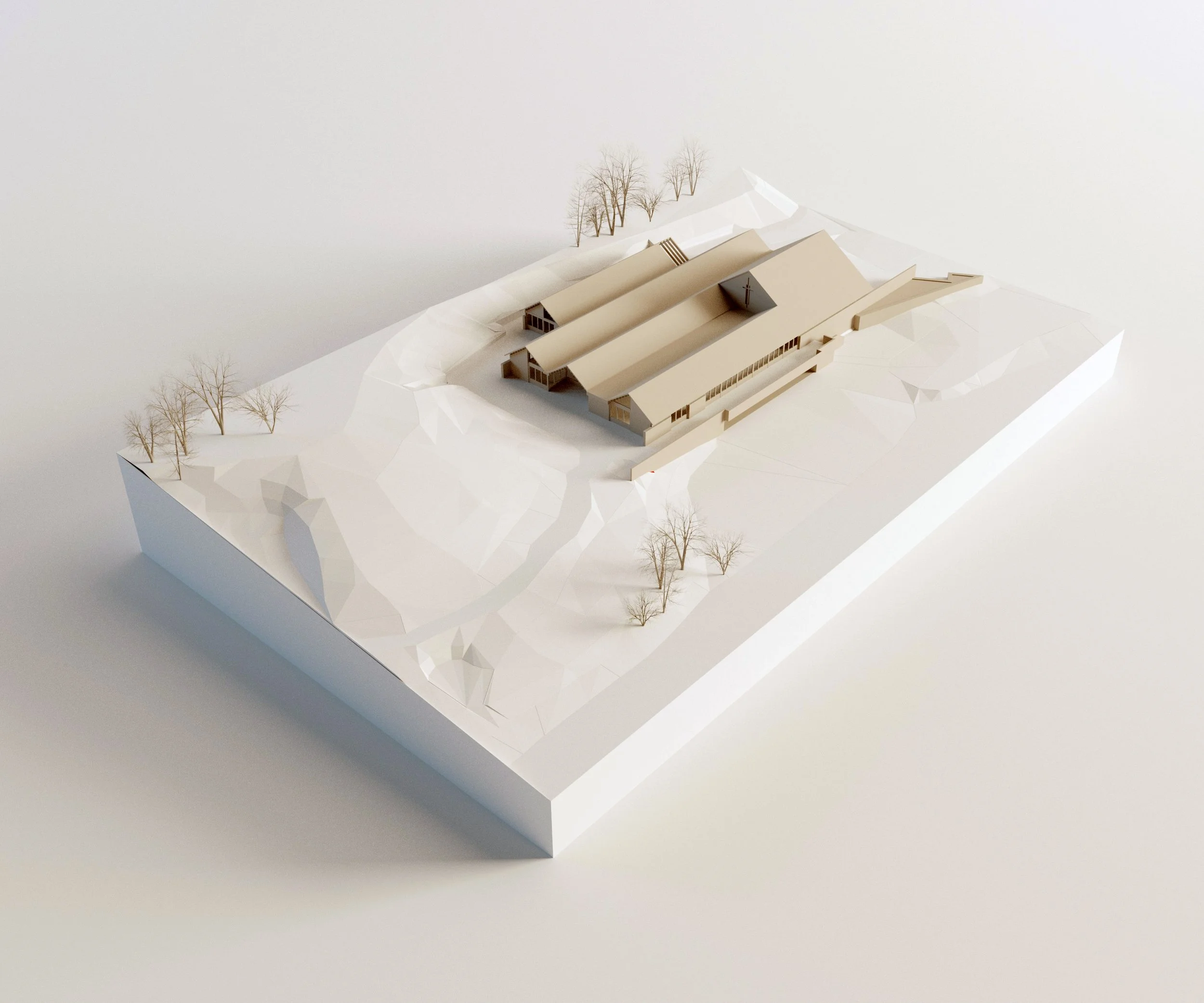 Architectural model of a building with sloped roofs, surrounded by trees on a white base.