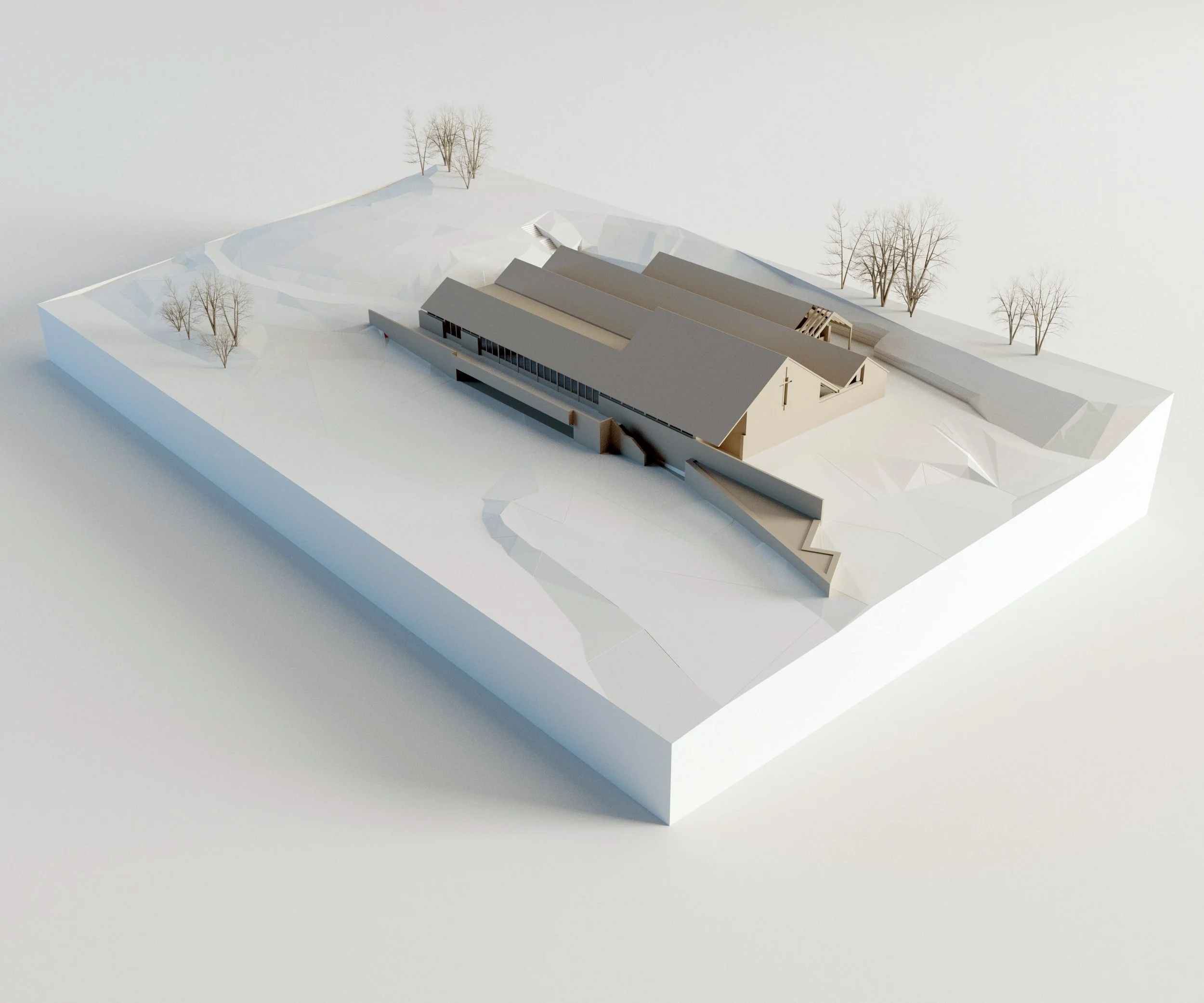 Architectural model of a church with sloped roof, situated on a white base with some leafless trees around the property.