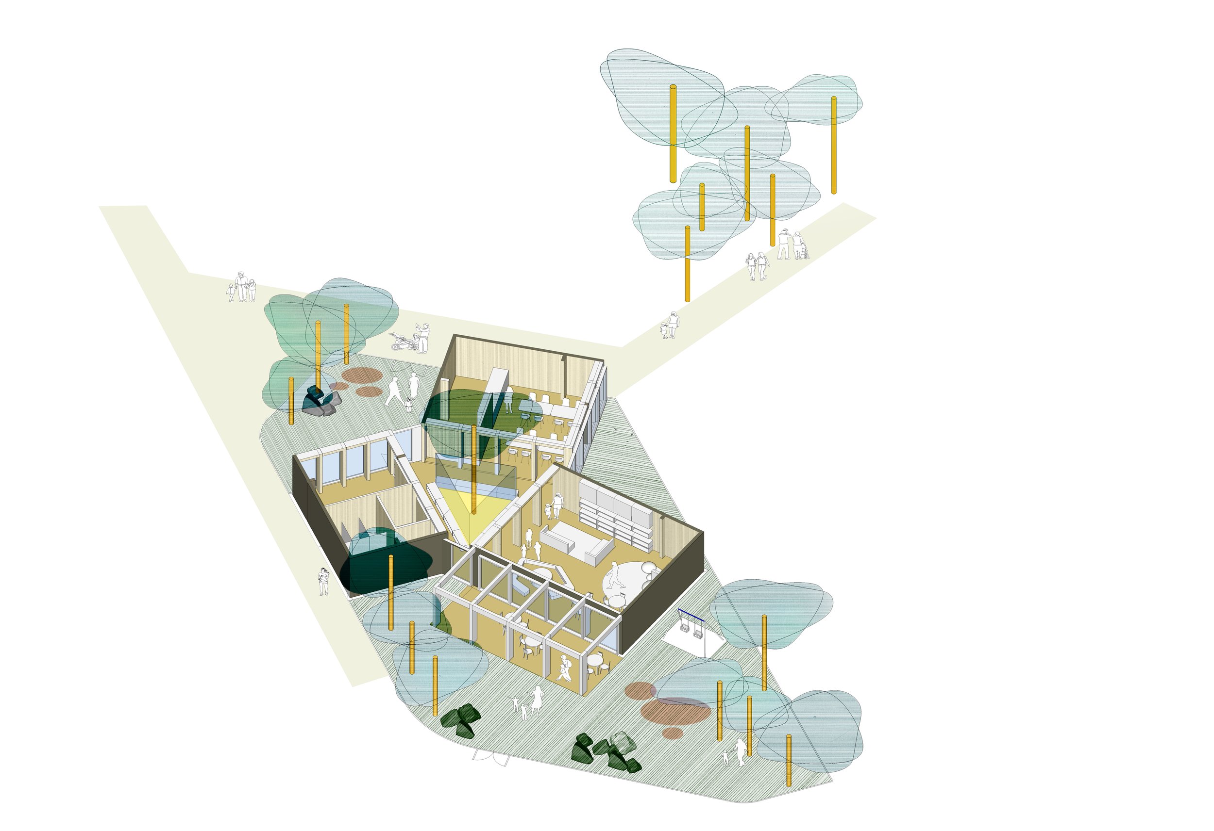 A detailed architectural rendering of a modern building with indoor and outdoor spaces, surrounded by stylized trees and people walking or interacting outside.