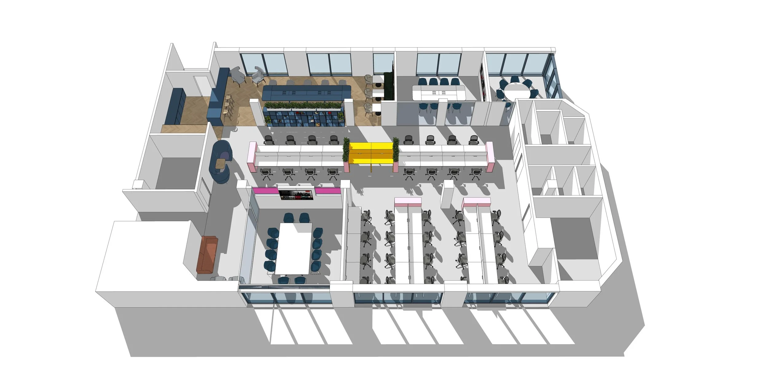 A 3D floor plan of a modern office space with multiple workstations, conference rooms, lounge areas, and a kitchen.