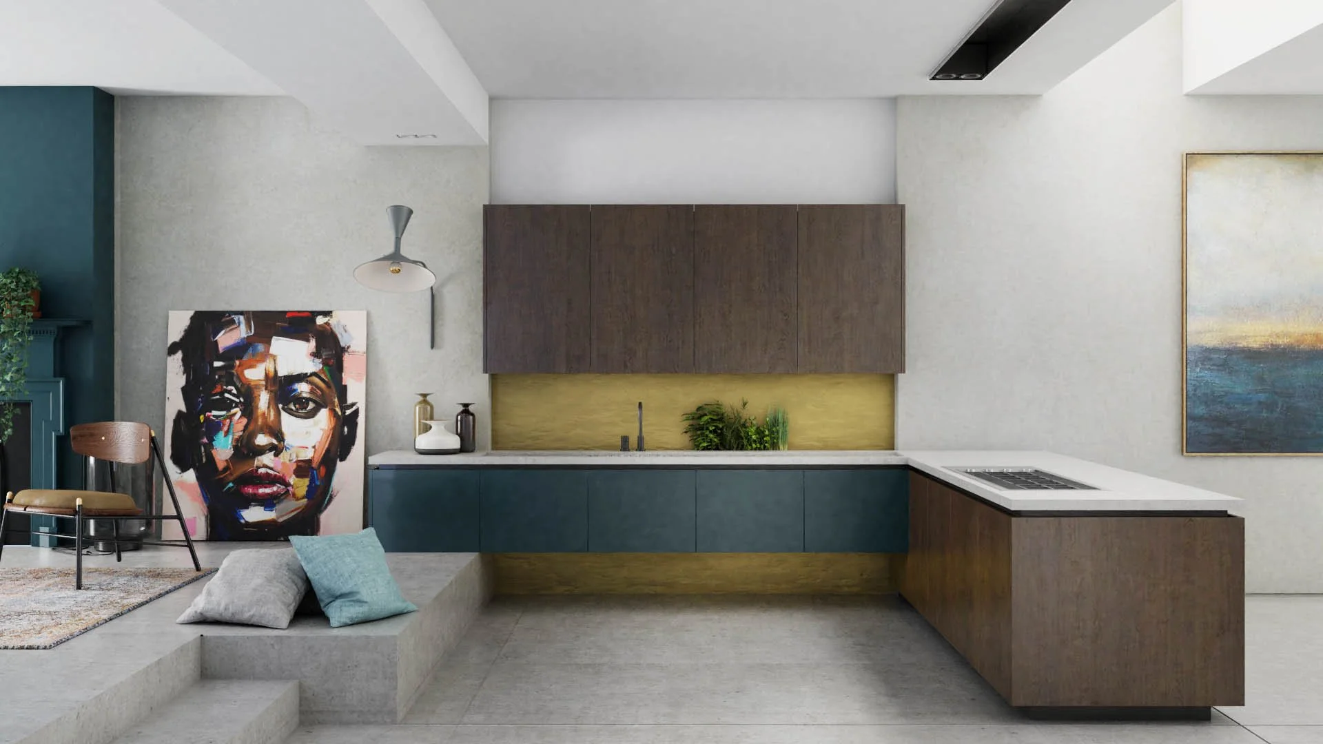 Modern kitchen with dark wood upper cabinets, blue lower cabinets, white countertop, green backsplash, plants, living room area with artwork and pillows.